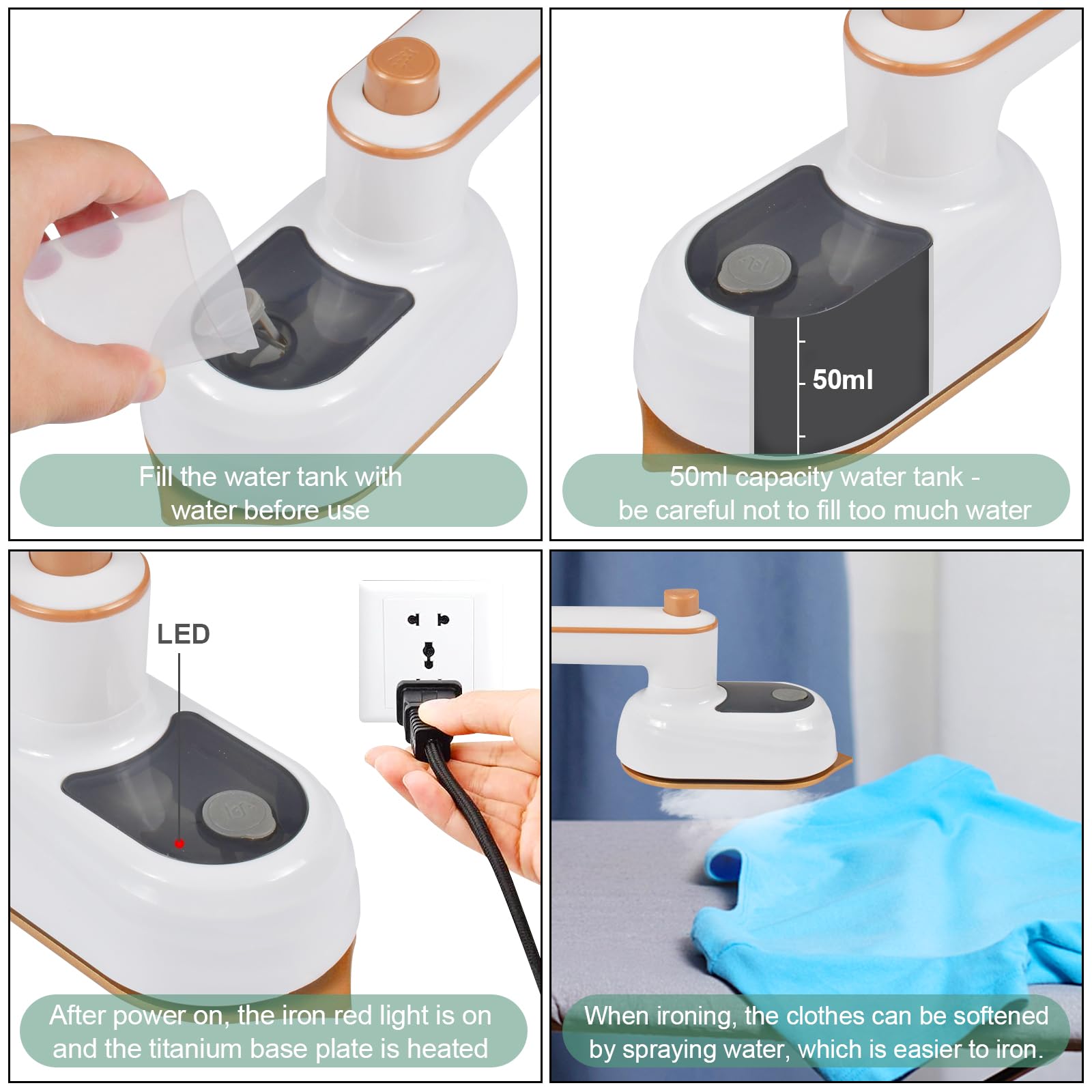 Plancha de Viaje Mini con Vapor, Plancha de Viaje Portátil, Mini Plancha de Mano con Depósito Agua 50 ML, Máquina de Planchar plegable de 180 grados Planchado en seco y húmedo para la Familia y Viajes