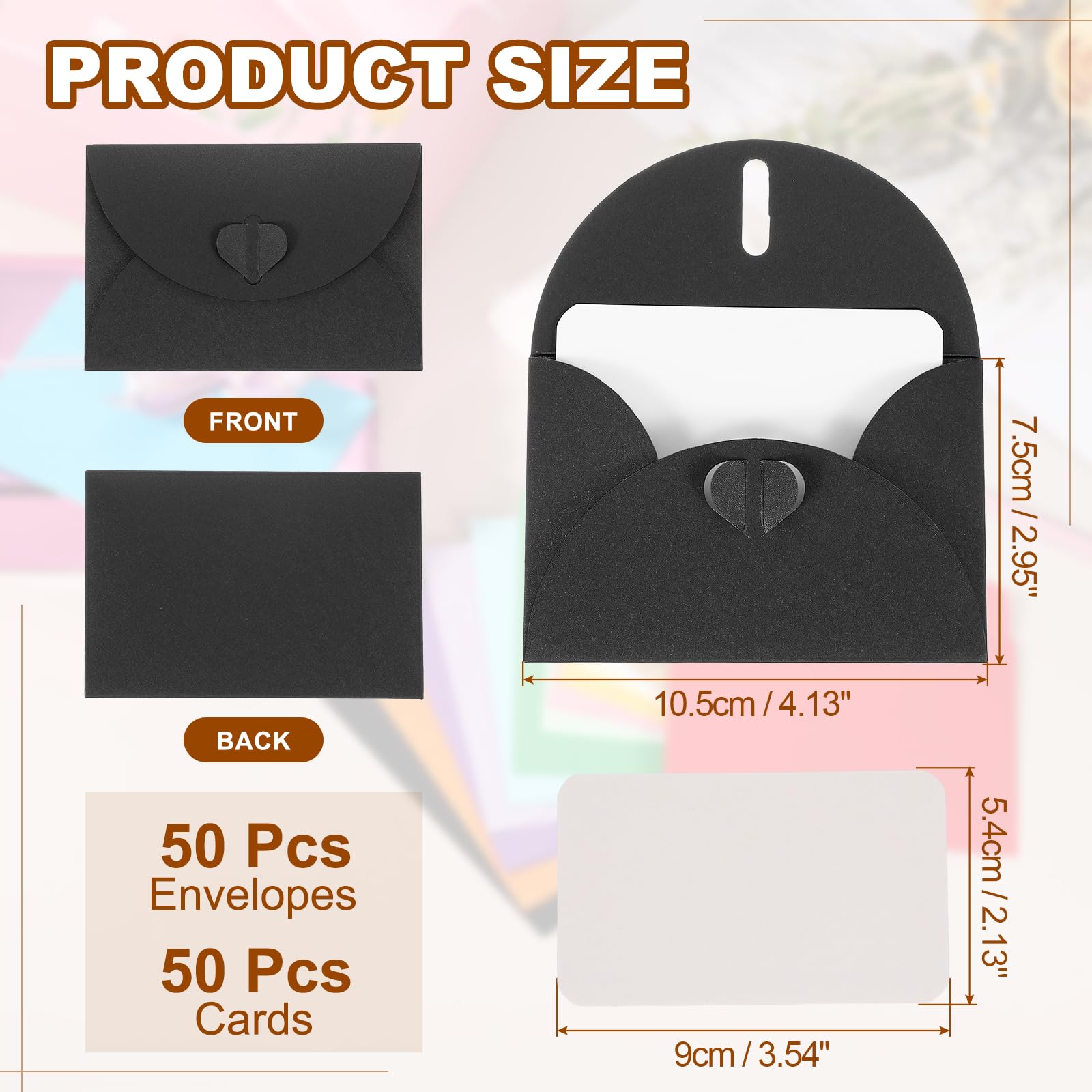 PATIKIL 50 Set Mini Buste Con Chiusura A Cuore 4.1x3" Biglietti Bianchi Con Buste Per Regali Inviti Matrimonio Laurea Vacanze Ringraziamento Natale Nero