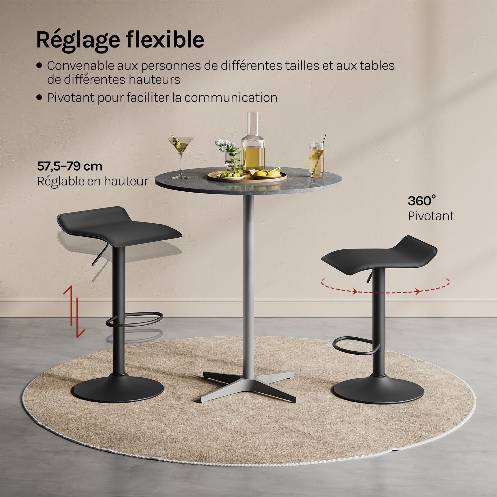WOLTU Tabouret Bar Lot de 2, Chaise Haute Cuisine, Pivotant à 360°, Hauteur Réglable, pour Bar, Cuisine, Comptoir, Café, PVC+Métal, avec Repose-Pieds, Noir+Noir