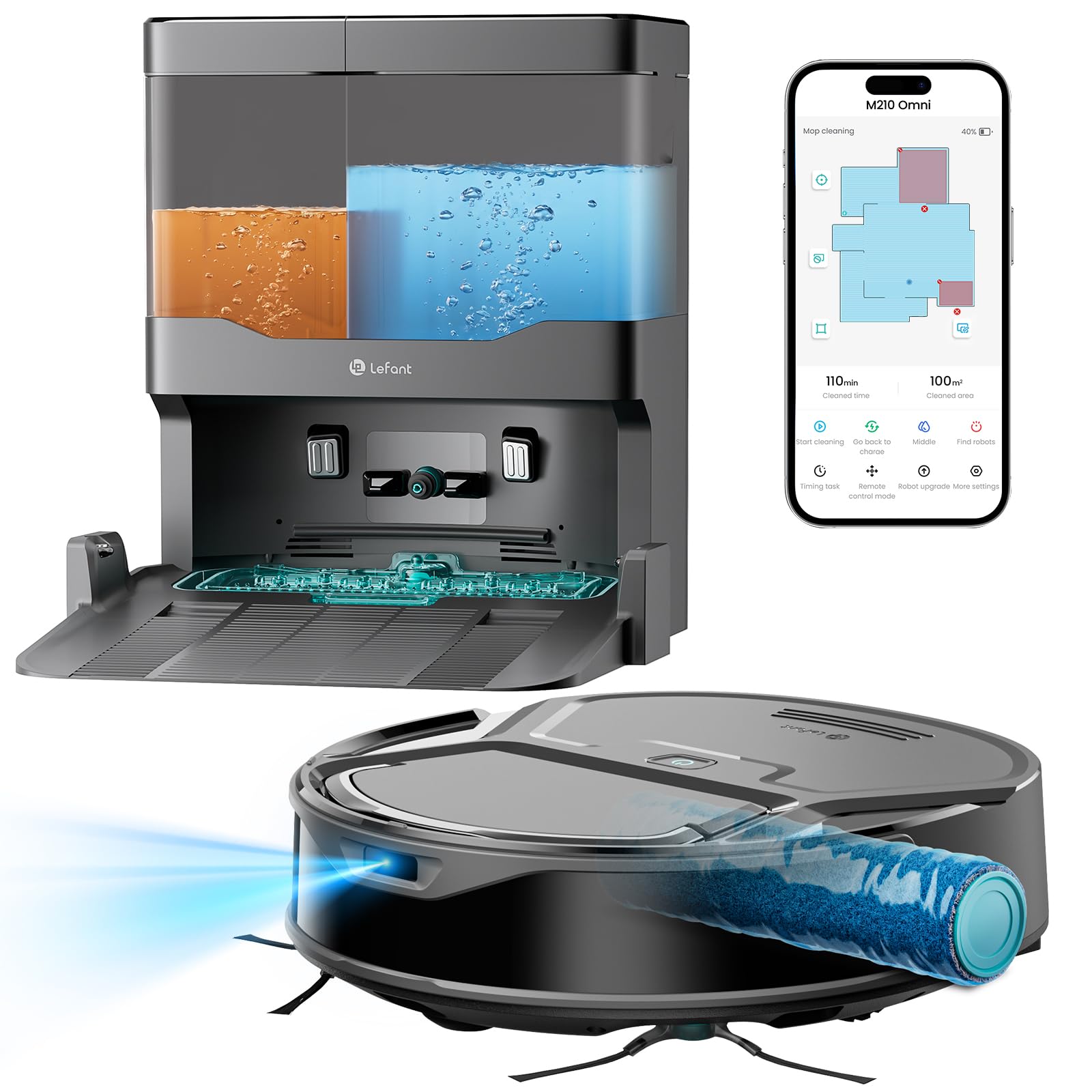 Lefant M210 Omni Robot Aspirapolvere Lavapavimenti Rullo 20.000Pa | Anti Groviglio, Aspirapolvere Robot con Lavaggio ad Acqua Pulita, Contenitore 800ml, 85mm, 2.4G WiFi, Mappatura ToF,Grigio