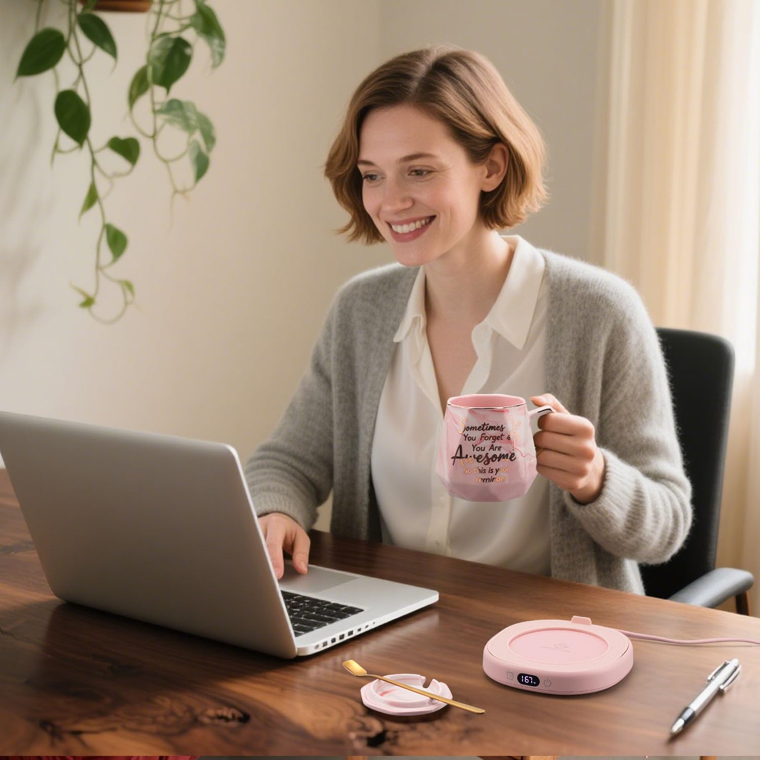 Juego de tazas de café con calentador de tazas y tazas inteligente con calefacción para computadora, oficina, 4 calentadores de té y café, 8 horas de apagado automático, regalo ideal para mujeres