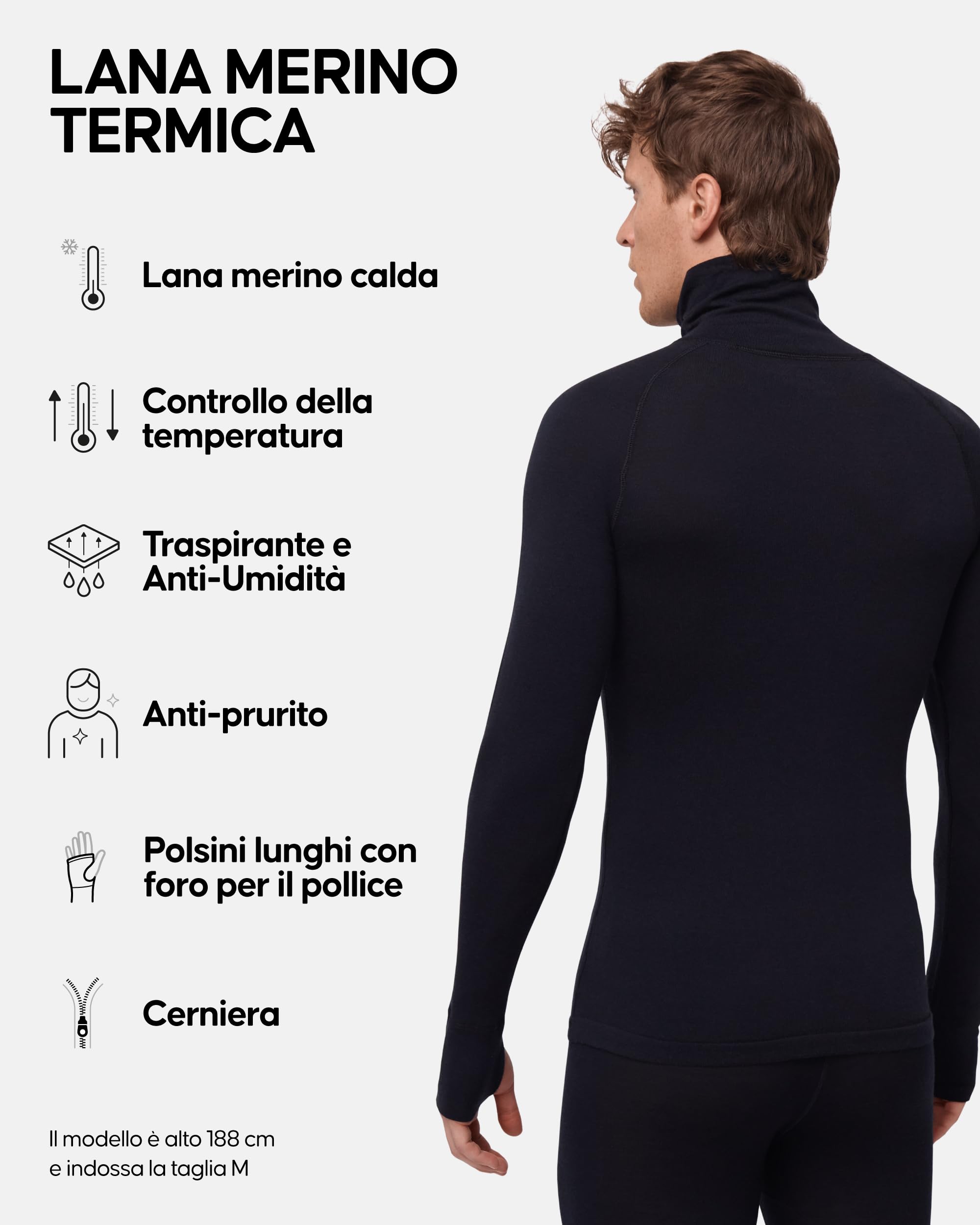 DANISH ENDURANCE Maglia Termica Uomo in Lana Merino, Manica Lunga, per Sci, Trekking, Escursionismo con o Senza Chiusura Zip