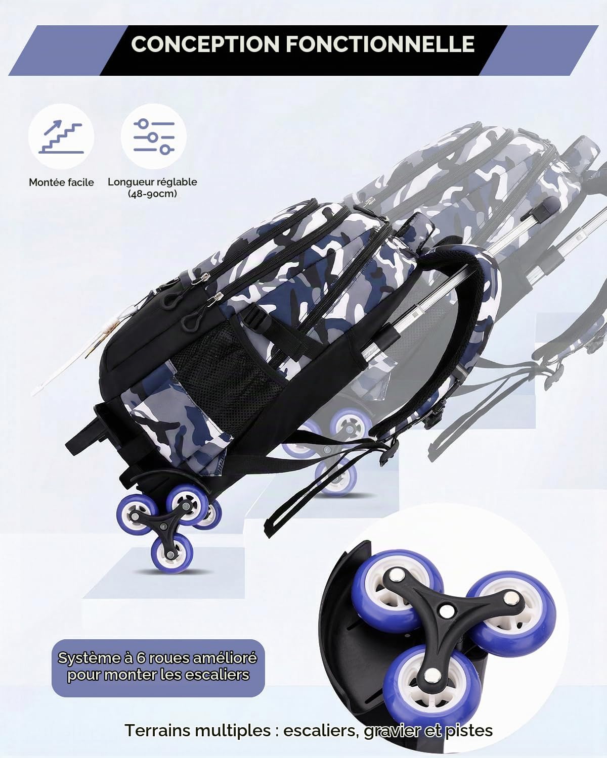 Amythe Cartable à Roulettes Garçon - Sac à Dos Scolaire Garçon avec Chariot Détachable pour Collège Lycée, Compartiment Ordinateur 15,6 Pouces, 6 Roues, Pour L'école Loisirs -Noir