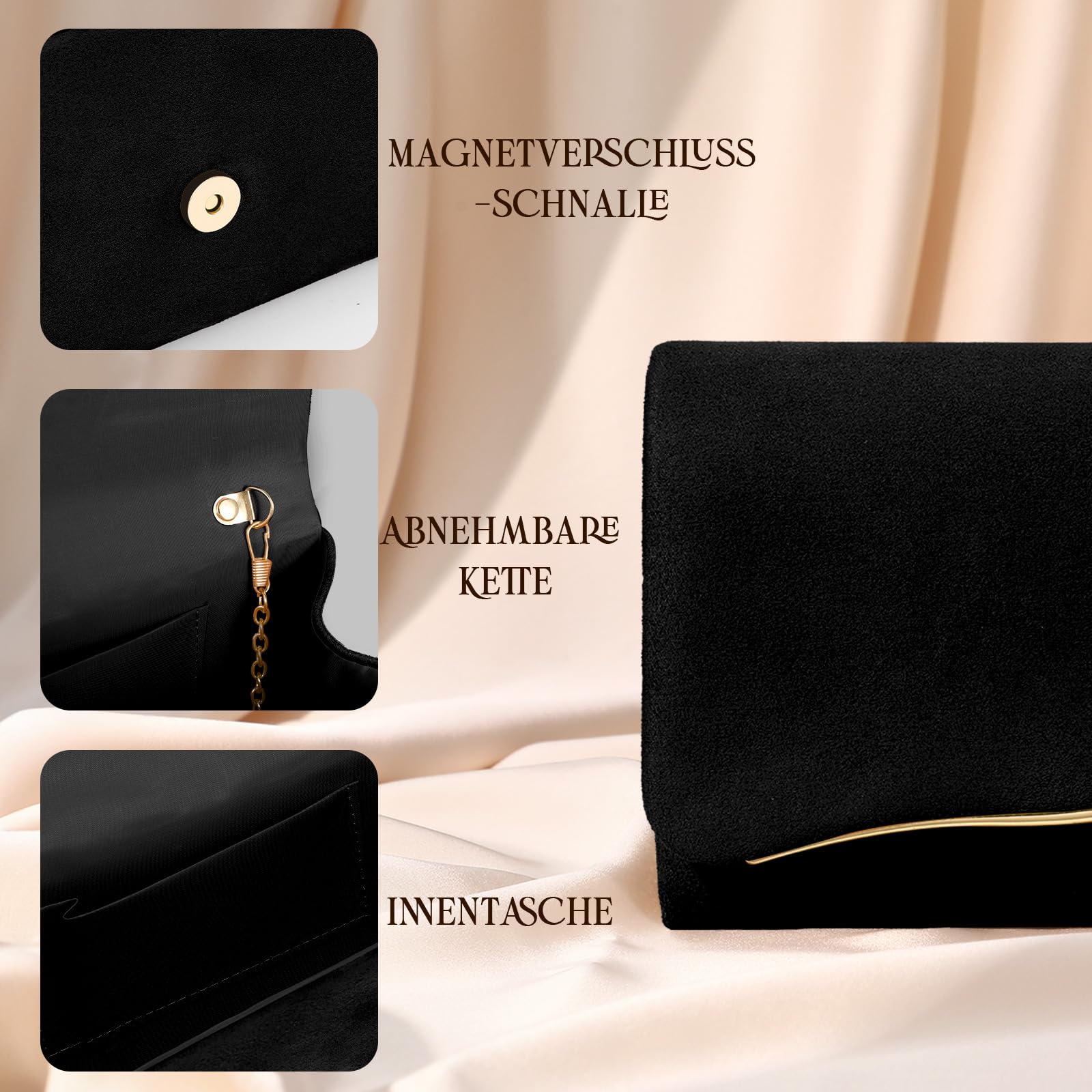 Damen Clutch Handtaschen Formelle Abend Clutch mit Abnehmbarer Kette Kunstwildleder Handtasche für Hochzeitsfeiern