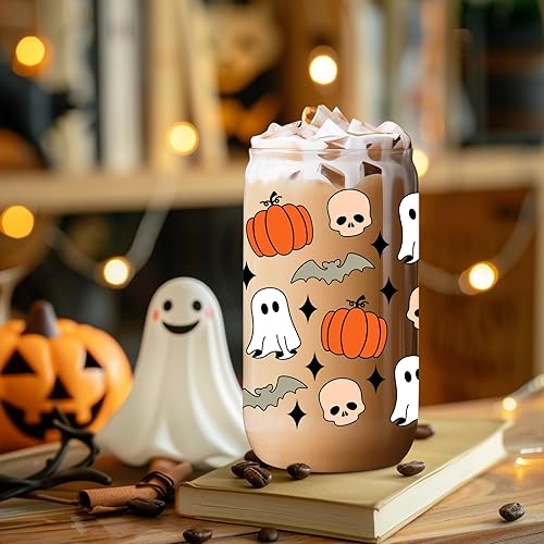 Miniatura 7 de Coolife Taza de otoño de calabaza y fantasma de Halloween  Taza de otoño de calabazas de 16 onzas, vaso de vidrio para café helado, tazas de vidrio