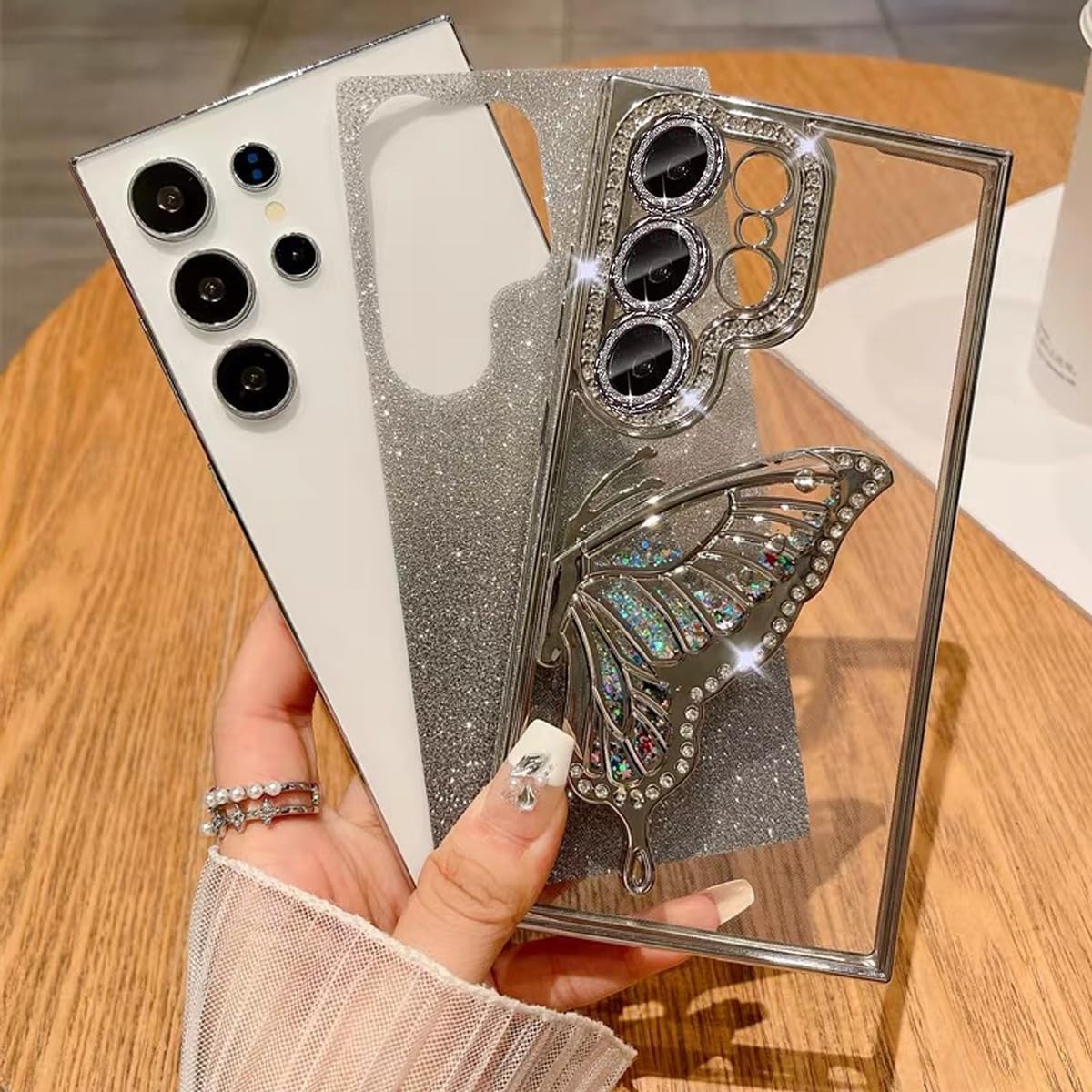 for Samsung Galaxy S25 Ultra Glitter 3D Butterfly Case,Cute Luxury Bling Sparkly Diamond Rhinestones Liquid Flowing Case with Camera Lens Protector Women Girls Cover for Galaxy S25 Ultra,Pink - Image 4
