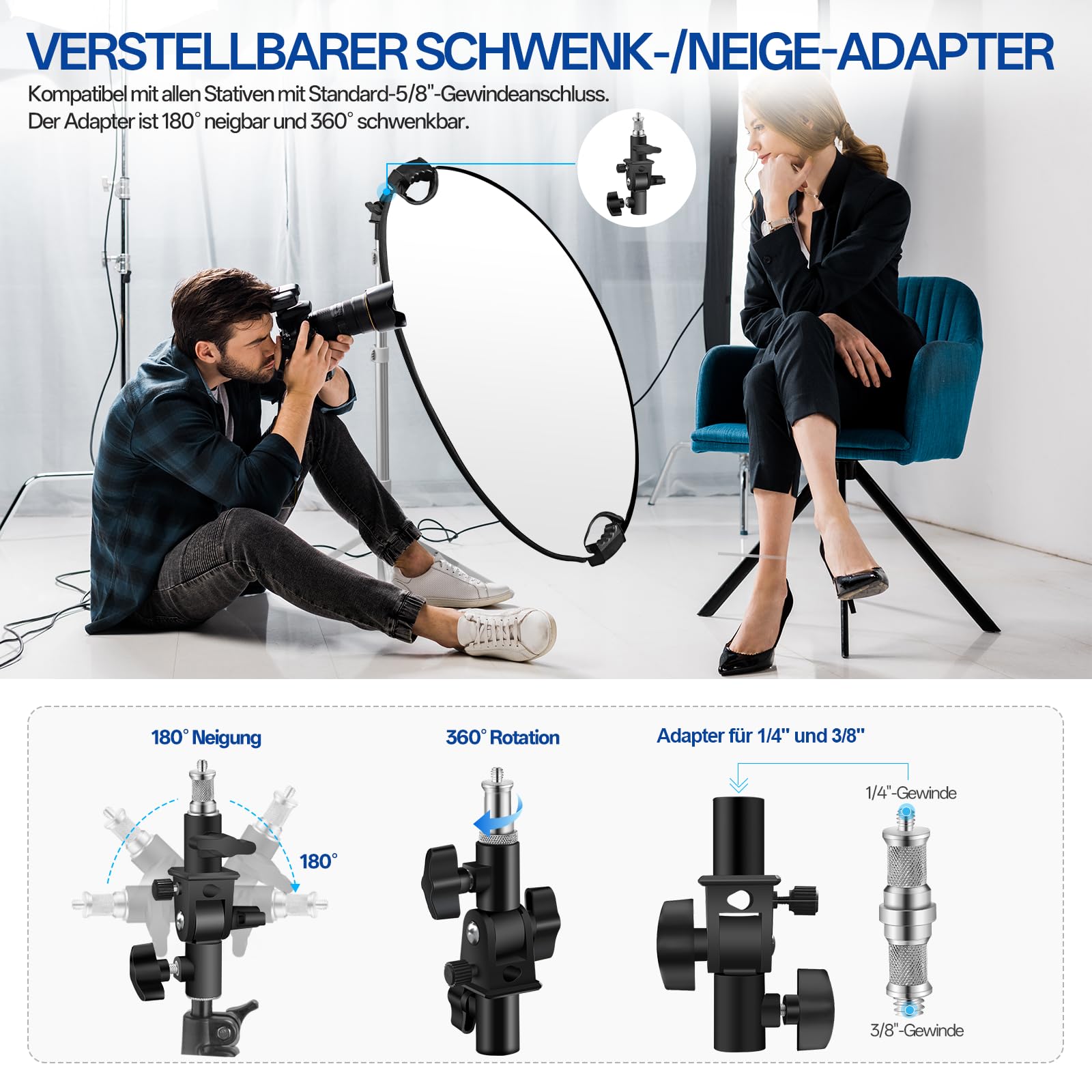 WELLMAKING 80cm Fotoreflektor, zusammenklappbarer Lichtreflektor mit Tasche & Neigungsadapter, 5 in 1 Griffreflektor für Studio & Außenbeleuchtung - transparent, Silber, Gold, weiß, schwarz