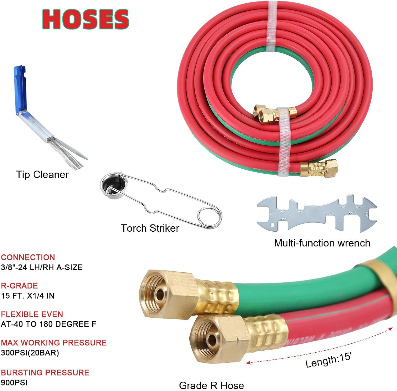Oxygen Acetylene Torch Kit, Portable Welding Brazing Cutting Torch Kit with Oxygen & Acetylene Tank Gauge Long Pipe Brass Nozzle Oxyacetylene Torch Kit Red
