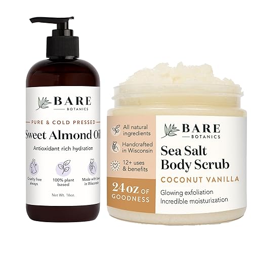Bare Botanics Aceite de almendras dulces para el cabello y el cuerpo + exfoliante de sal corporal de coco y vainilla