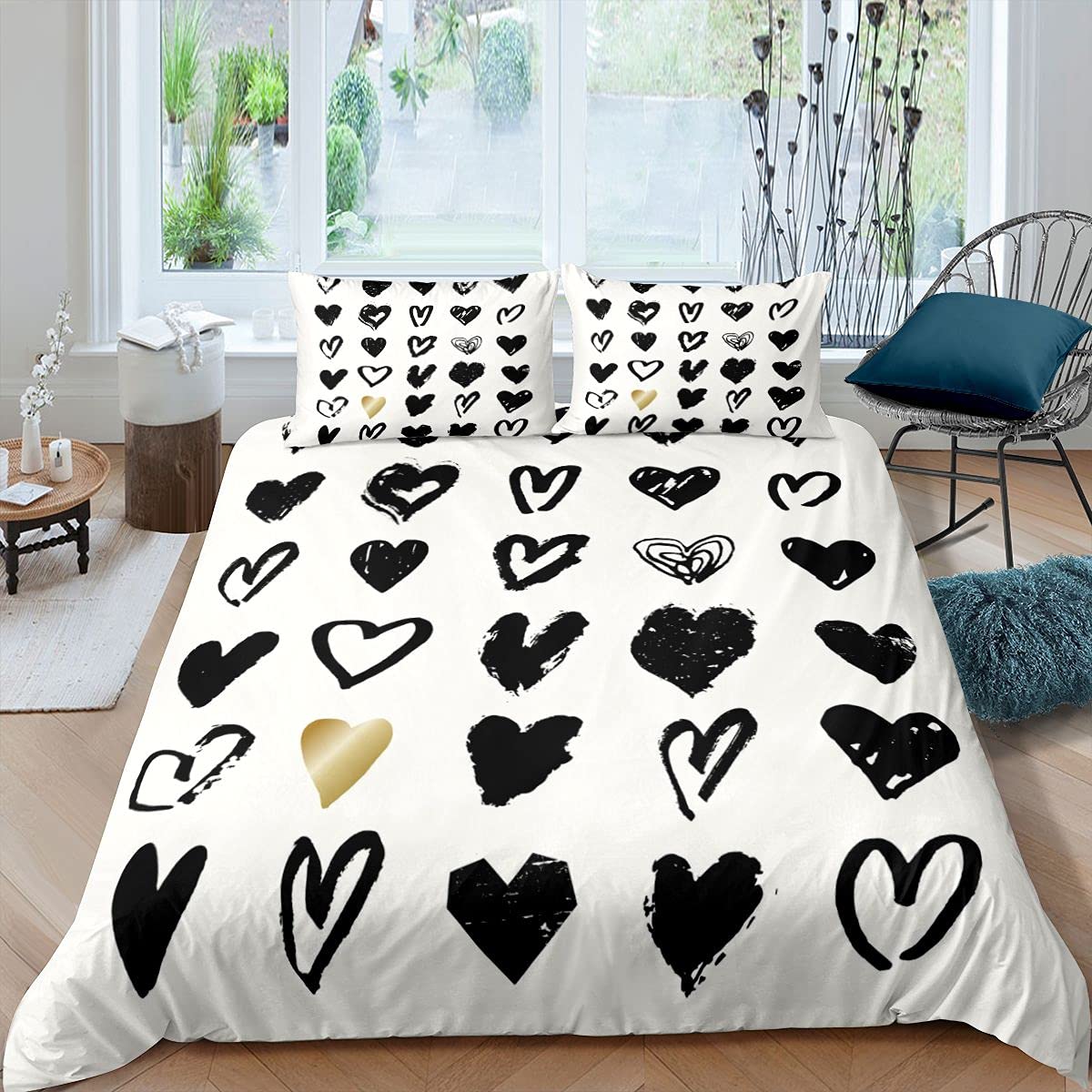 Loussiesd Love Duver Cover Set Kids Mall Heart Let Me Love You Hipster Liking Spouse Couples Bedding Set Tan Black Quilt Cover Room 3Pcs King Size,Zipper โ image 1
