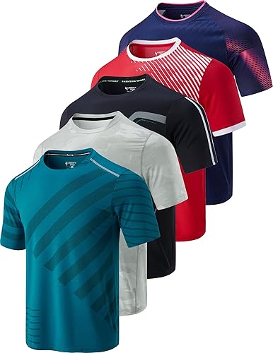 5 Pack Men’s Active Quick Dry Crew Neck T Shirts | Athletic Running Gym Workout Short Sleeve Tee Tops Bulk - Camo/Red/Navy/Black/Teal Blue - Medium