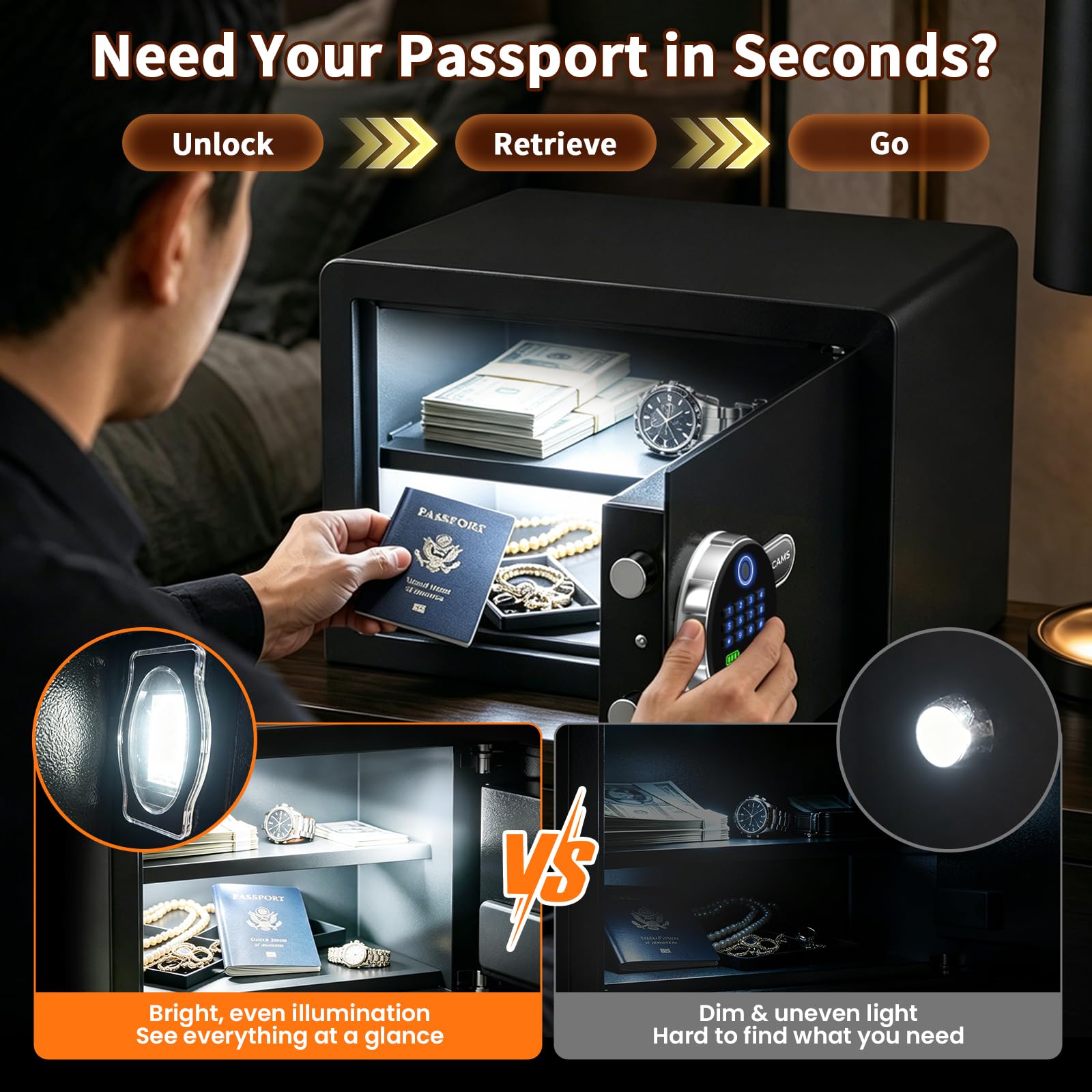 Biometrischer Safe mit Fingerabdruck-Schloss, kleine Tresore für Zuhause mit lautlosem Modus, Tastatur mit Hintergrundbeleuchtung und LED-Licht, digitale Sicherheitsbox für Geld und Schmuck