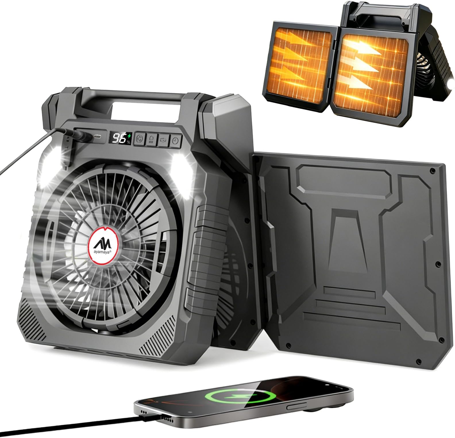 26000mAh Solar Fan with LED Lantern, AYAMAYA 10W Solar Powered Camping Fans for Outside, 180° Oscillation, 4 Speed, Portable Tent Fan with Flashlight for Picnic Fishing RV Trips Hurricane Power Outage