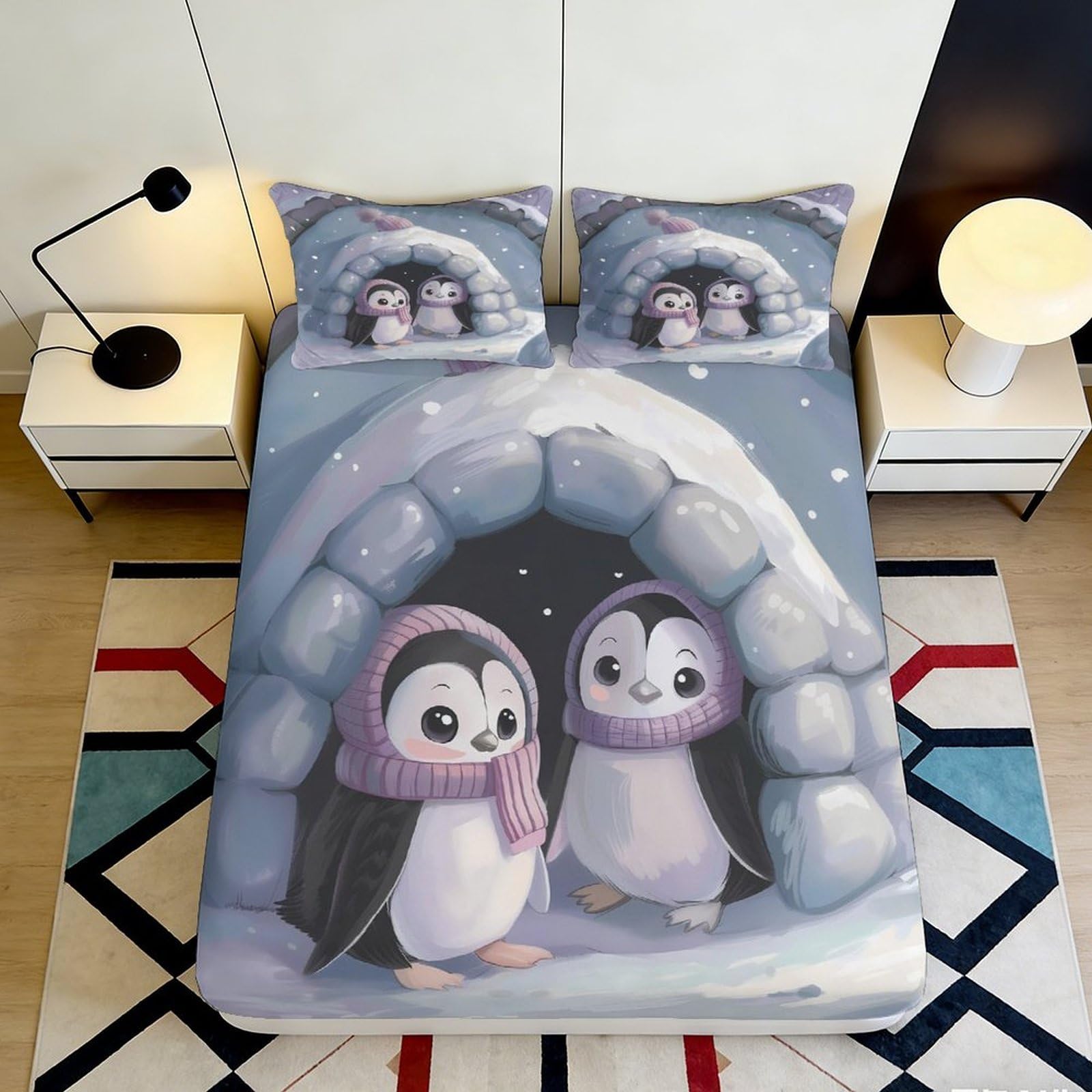 Jqzkxnhpbr Style-9 3D Printed Cute Penguin Igloo Fitted Sheet Microfiber Soft Bed Cover For Bedroom Dorm Mattress Protection Decor 90X200x25cm