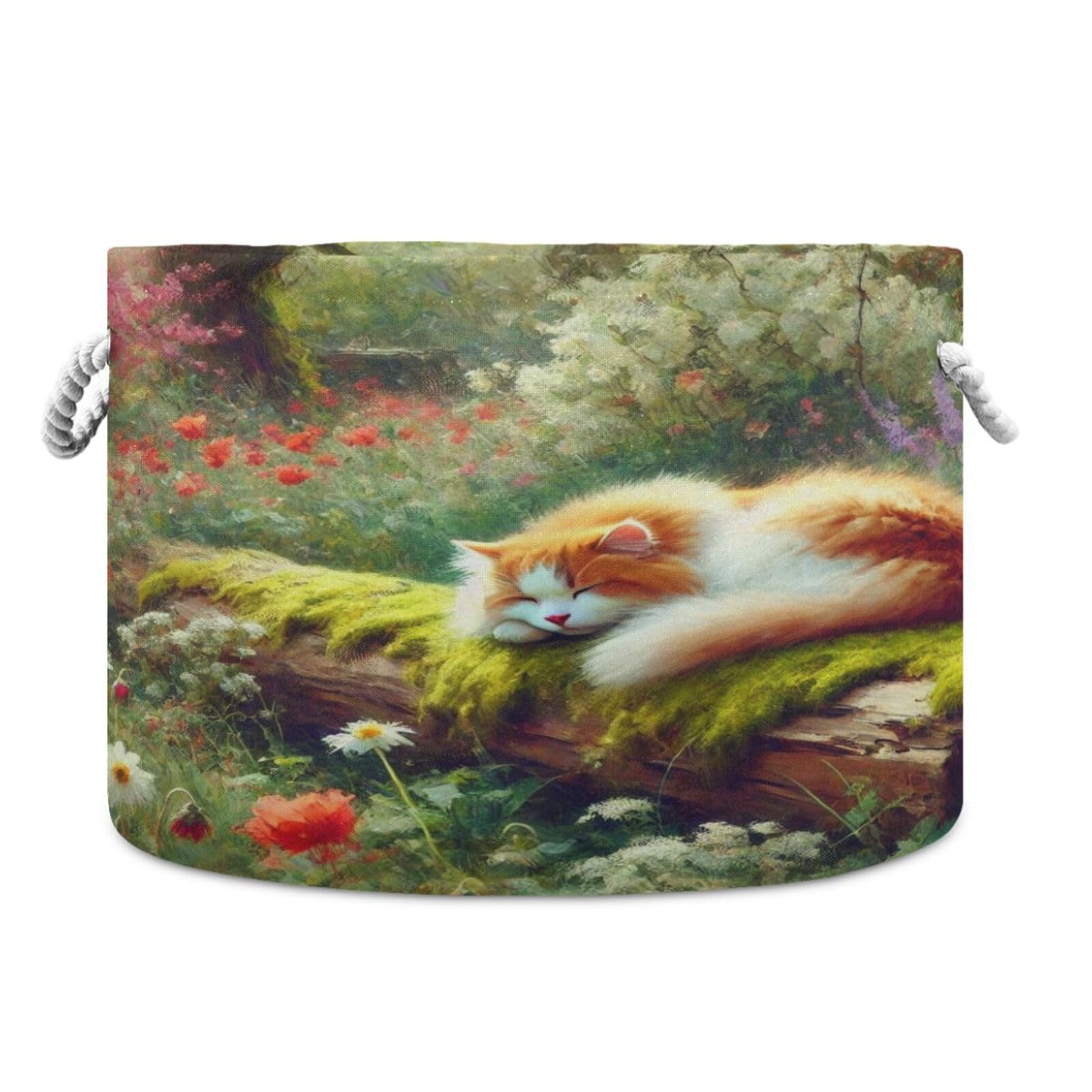 Cat Mossy Log Storage Basket Large Toy Blanket Basket Storage Organizer Bin Foldable Baby Laundry Basket Hamper with Handle for Home Kids Bedroom Living Room Decor
