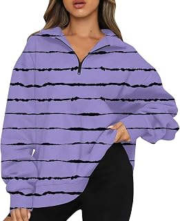 Ladies Pullover Tops Oversized Half Zip Pullover Long Sleeve Sweatshirt Stripe Print Quarter Zip Hoodie Teen Girls Fall Classic Blouse Tops