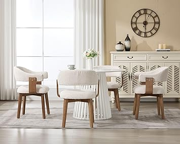 Beige Upholstered Dining Chairs Set of 4, Mid Century Modern Dining Room Chairs with Wooden Legs and Armrest, Chenille Fabric Barrel Kitchen Chairs for Kitchen/Living Room