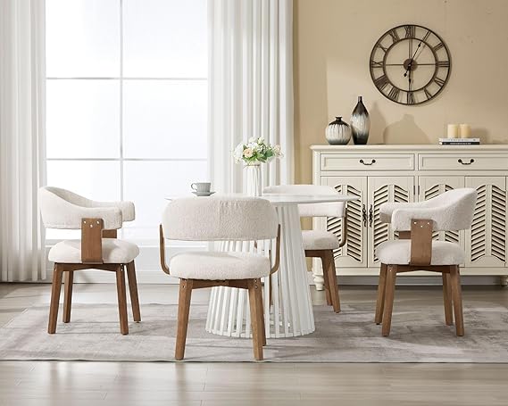 Beige Upholstered Dining Chairs Set of 4, Mid Century Modern Dining Room Chairs with Wooden Legs and Armrest, Chenille Fabric Barrel Kitchen Chairs for Kitchen/Living Room