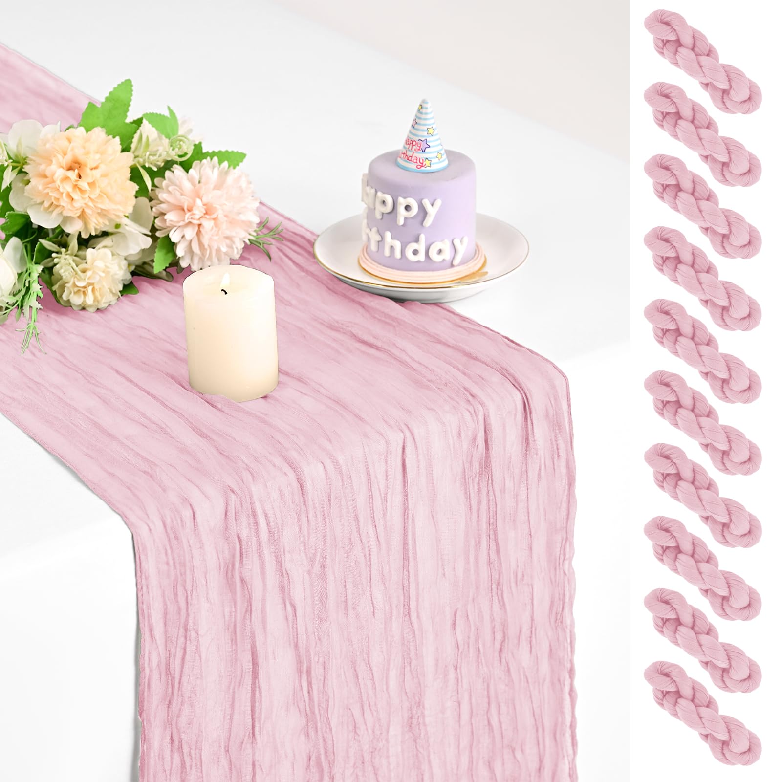 Teruntrue 10 Pack Light Pink Cheesecloth Table Runner 17x108 Inch, Boho Gauze Sheer Fabric Cheese Cloth Table Runners for Wedding Party Bridal Shower Baby Shower Birthday Home Decor Garden Farmhouse