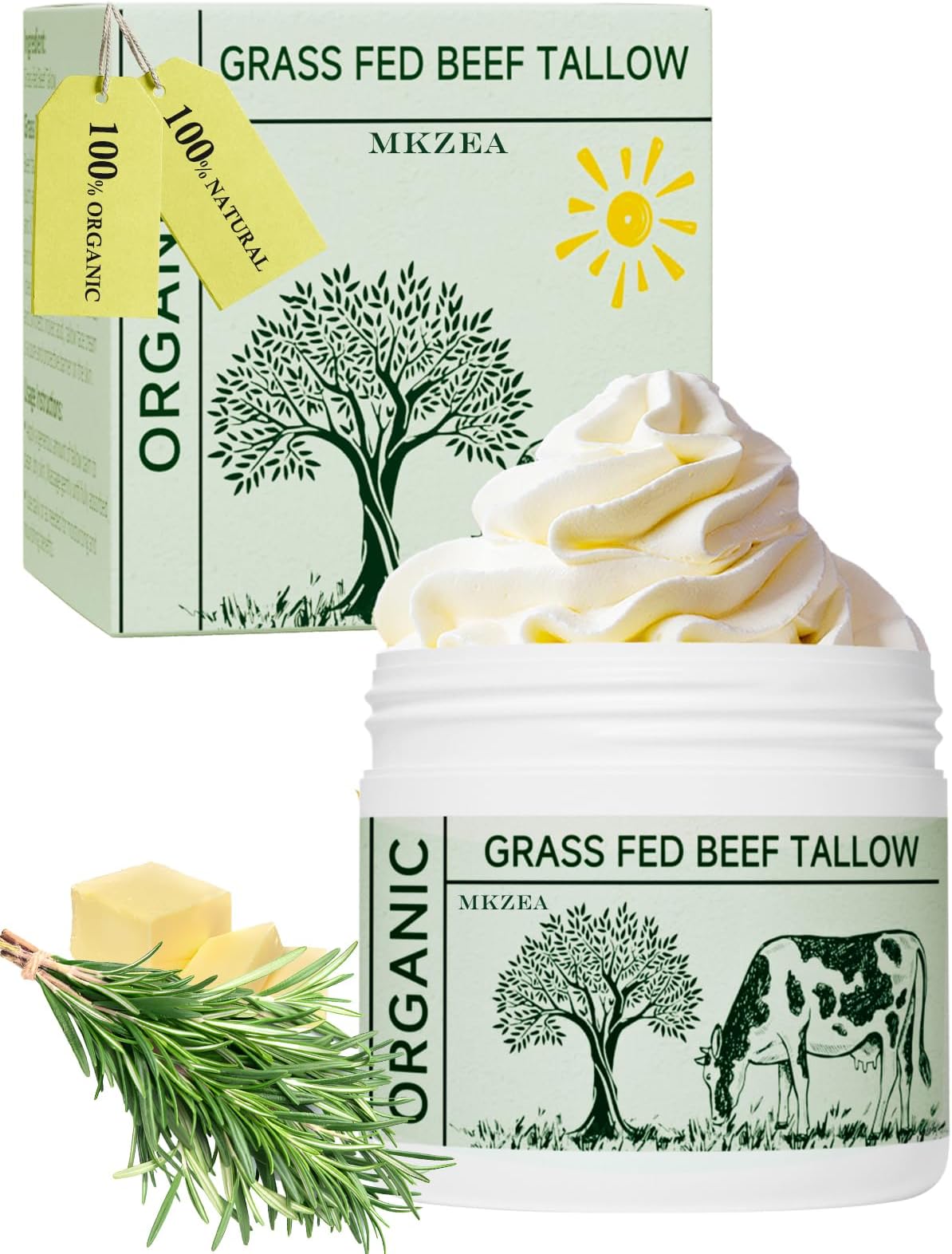 Beef Tallow, Tallow Face Moisturizer, Beef Tallow for Skin, Unscented 100% Organic Beef Tallow Blam Grass Fed Finished Whipped Tallow Face Cream Moisturizer Body Lotion Skin Care for Sensitive Skin