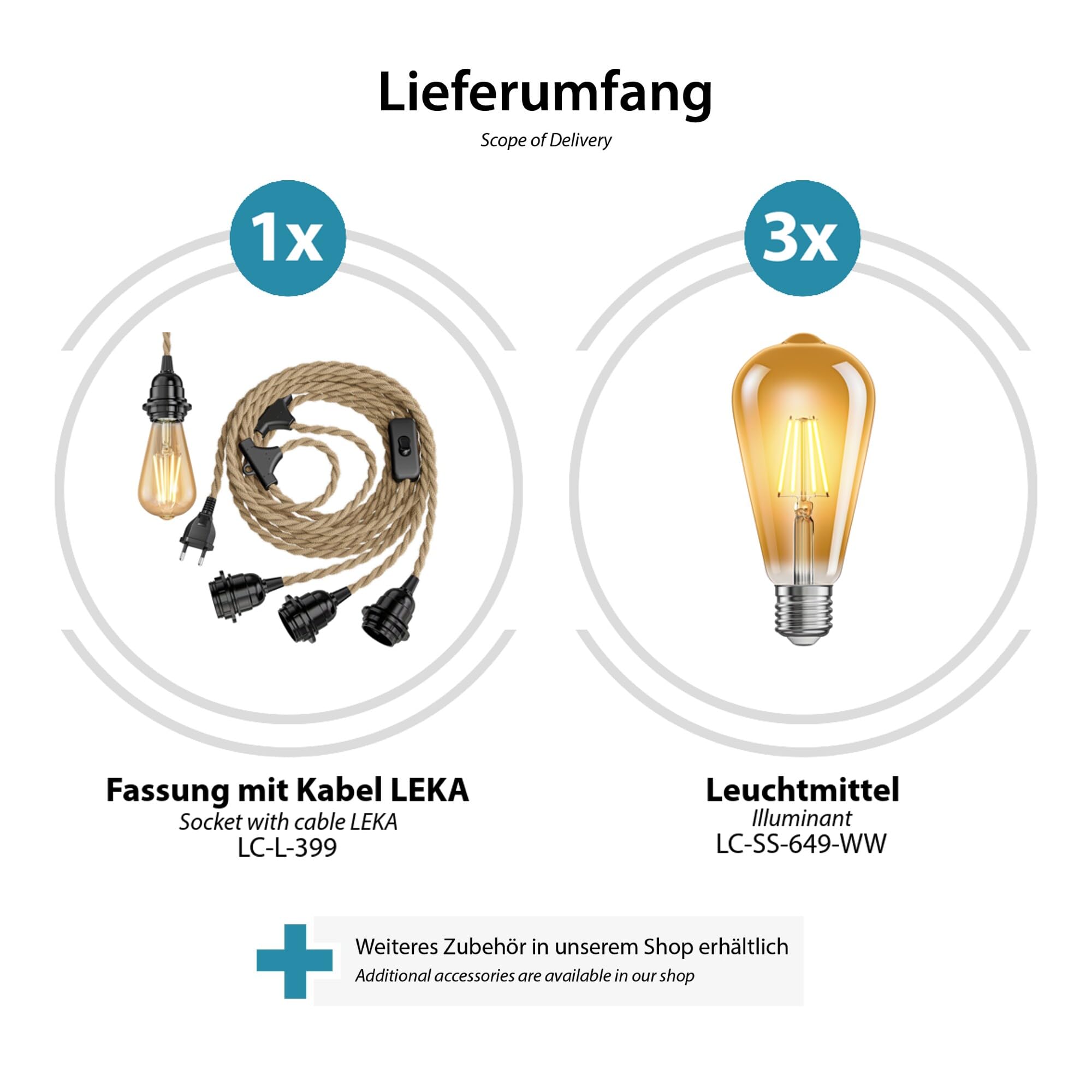 ledscom.de Kabel konopny LEKA, wtyczka, przełącznik, 8 m, gniazdo lampy, w tym 3x żarówki LED E27, ST64 (4 W, 489 lm, bardzo ciepła biel)