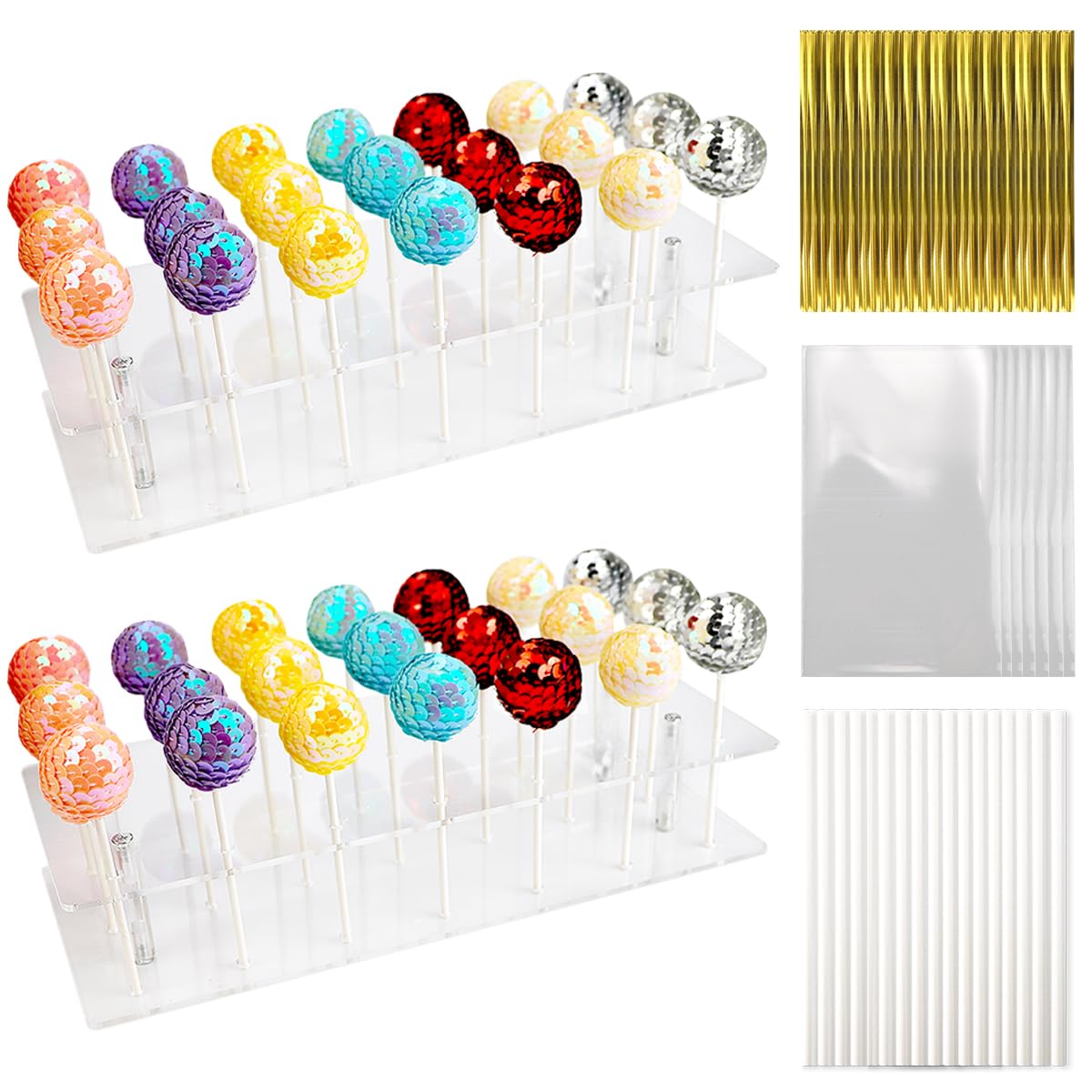 DOERDO DD Cake Pop Stand, 48 Holes Cake Pop Holder with 300 PCS Cake Pop Sticks and Wrappers Kit Acrylic Cake Pop Tray for Weddings Birthday Party Decorative