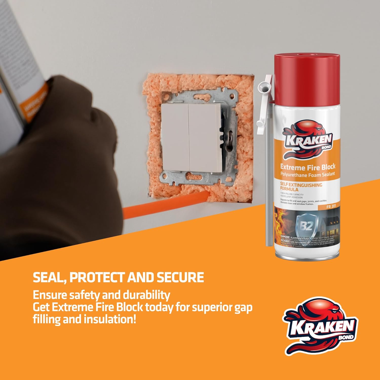 Kraken Bond Extreme Orange Fire Block Foam - (12x12oz) Fire Rated Polyurethane Spray for Gap Filling, Sealing on Windows, Walls, Joints & Pipes, Straw Use High Expansion Fire Proof Foam - 12 Pack