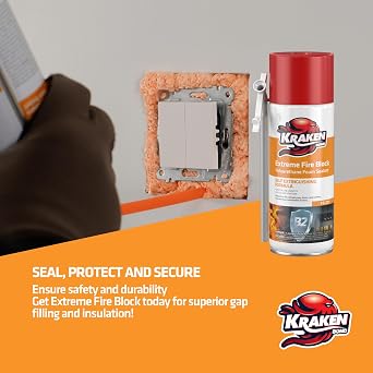 Kraken Bond Extreme Orange Fire Block Foam - (1x12oz) Fire Rated Polyurethane Spray Foam for Gap Filling, Sealing on Windows, Walls, Joints & Pipes, Straw Use High Expansion Fire Proof Foam - 1 Pack