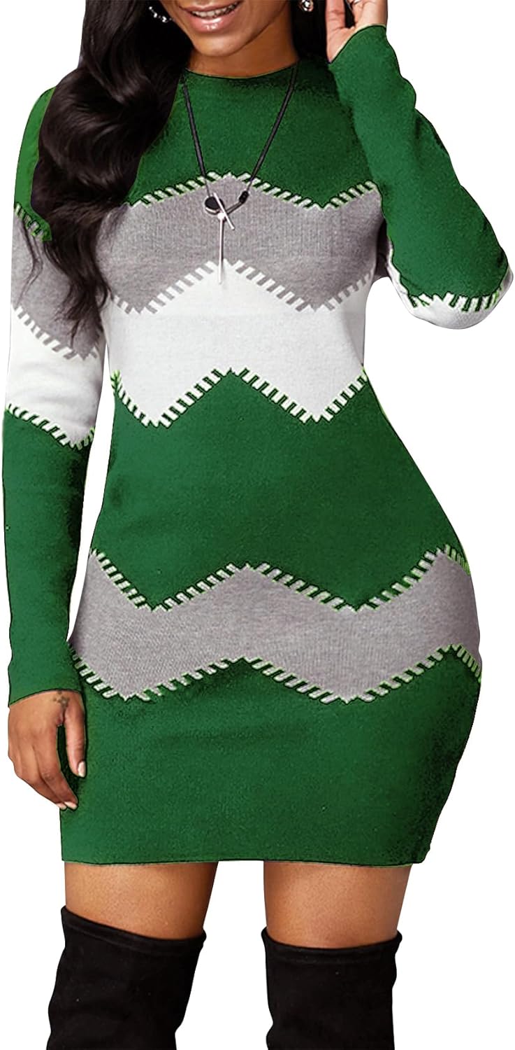 PEHMEA Women's Knitted Striped Bodycon Mini Sweater Dress Long Sleeve Crew Neck Fall Winter