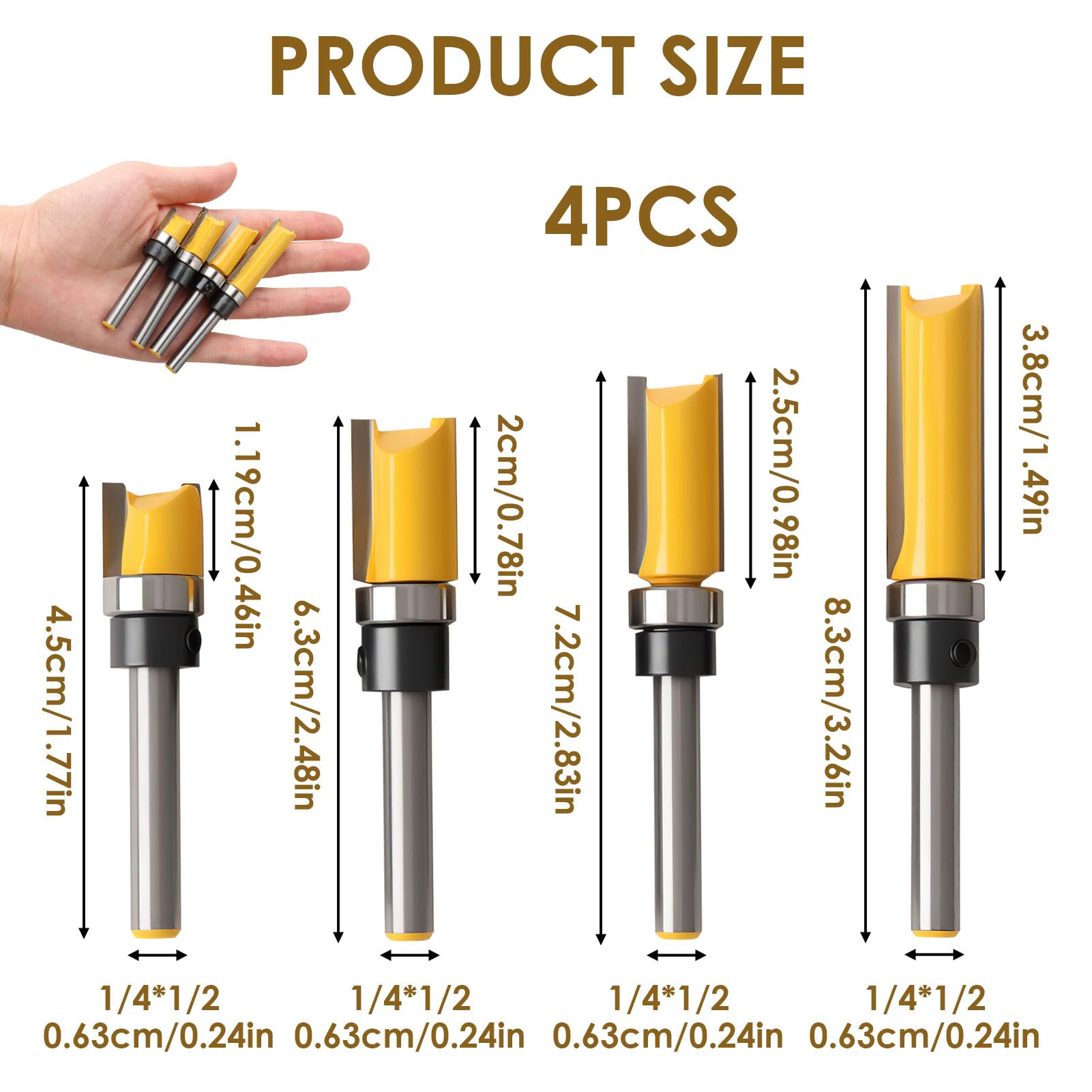 4-Piece Shank Flat Flush Trim Router Bits 1/4 Shank Set, Professional Woodworking Template Cutter with Bearing - Image 2