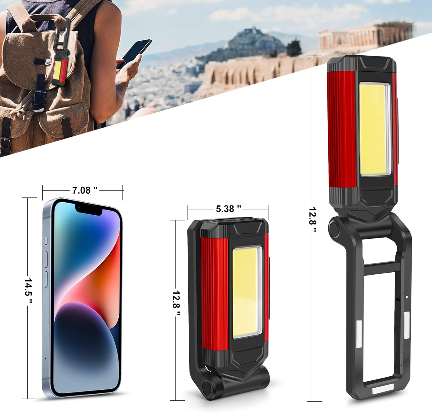 YiaMia Rechargeable LED Magnetic Work Light 2 Pack, Portable Tool Gifts for Men, 7 Flashlight Modes with Kickstand and Carabiner, USB Charging for Camping, Hunting, and Car Repairs (2, Red) - Image 3