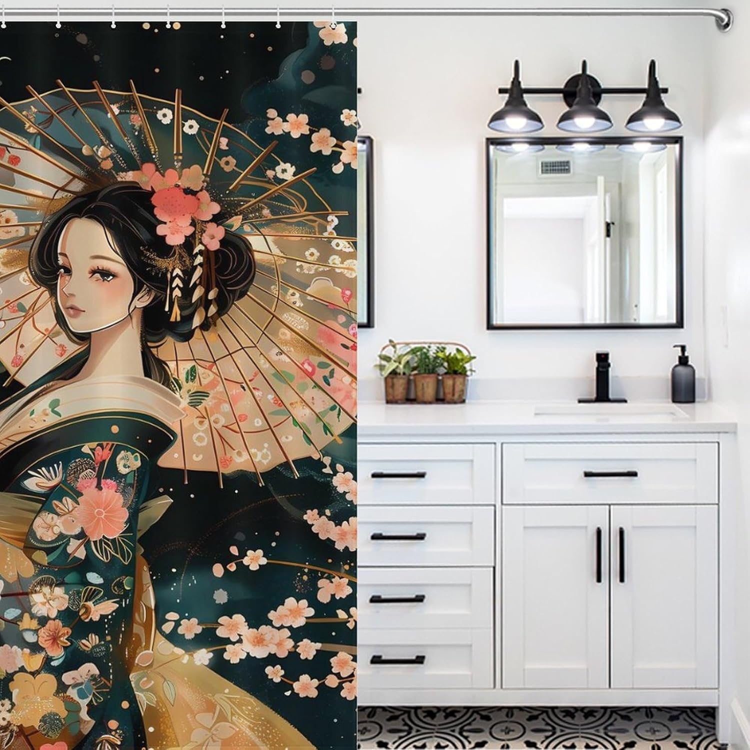 Japanese Geisha Shower Curtain Polyester Bath Curtain 56.30x70.87Inch（143x180cm） Shower Curtains Print Decorative
