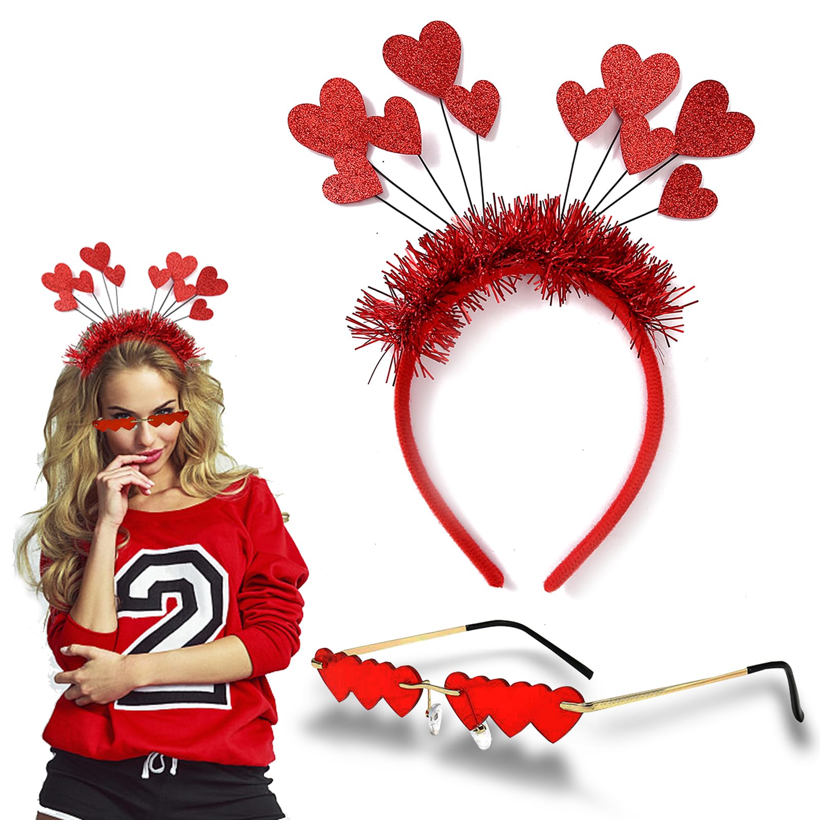 HXUING Heart Headband Glitter with Heart Shape Glasses, Heart-Shaped Headband, Heart Headband, Red Sequins, Heart Headband