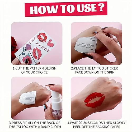 Miniatura 7 de Tatuaje temporal para el día de San Valentín para adultos y niños, tatuajes falsos de labios de corazón, flores de rosa, calcomanías luminosas de