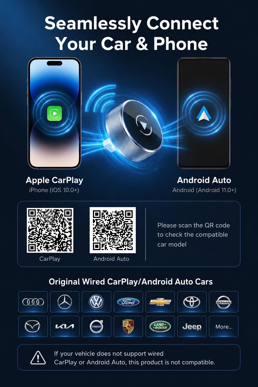 2026 Adattatore Wireless CarPlay & Android Auto, Adattatore 2 in 1 per iPhone e Android, Trasforma CarPlay Cablato in Wireless, WiFi 2,4/5GHz con Connessione Automatica, Plug & Play Senza Latenza