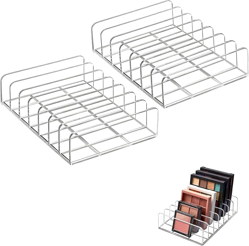 2-Pack Acrylic Makeup Palette Organizer, 7-Slot Eyeshadow Palette Storage, Clear Display Case for Vanity Drawer Countertop, Cosmetic Organizer for Makeup Brushes, Lipstick, Blush Kits
