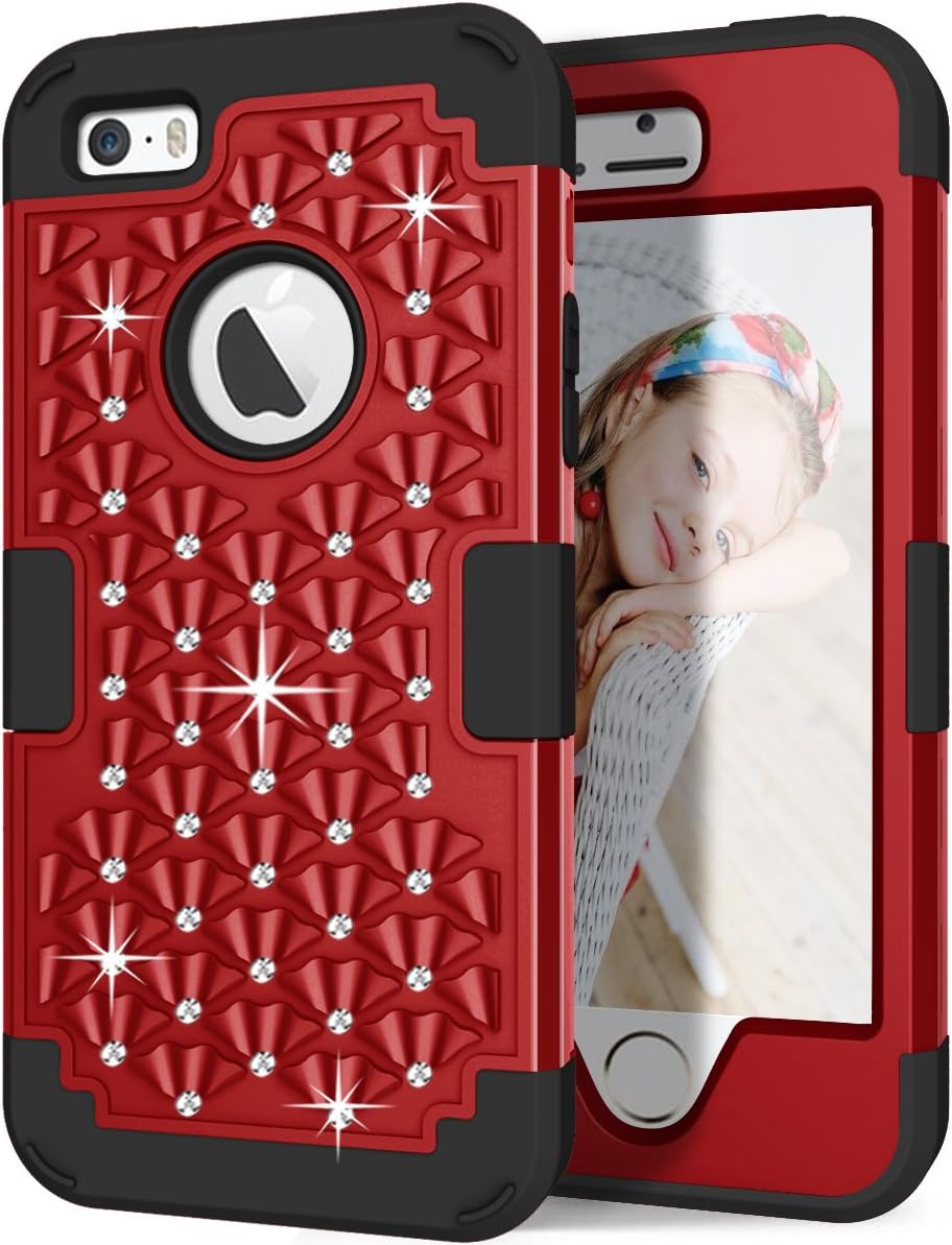 Hocase iPhone 5s Cute Case with Sparkly Glitter Bling Rhinestones Hybrid Dual Layer Protective Hard Back Cover+Silicone Bumper for Apple iPhone 5/5s/SE - Red/Black