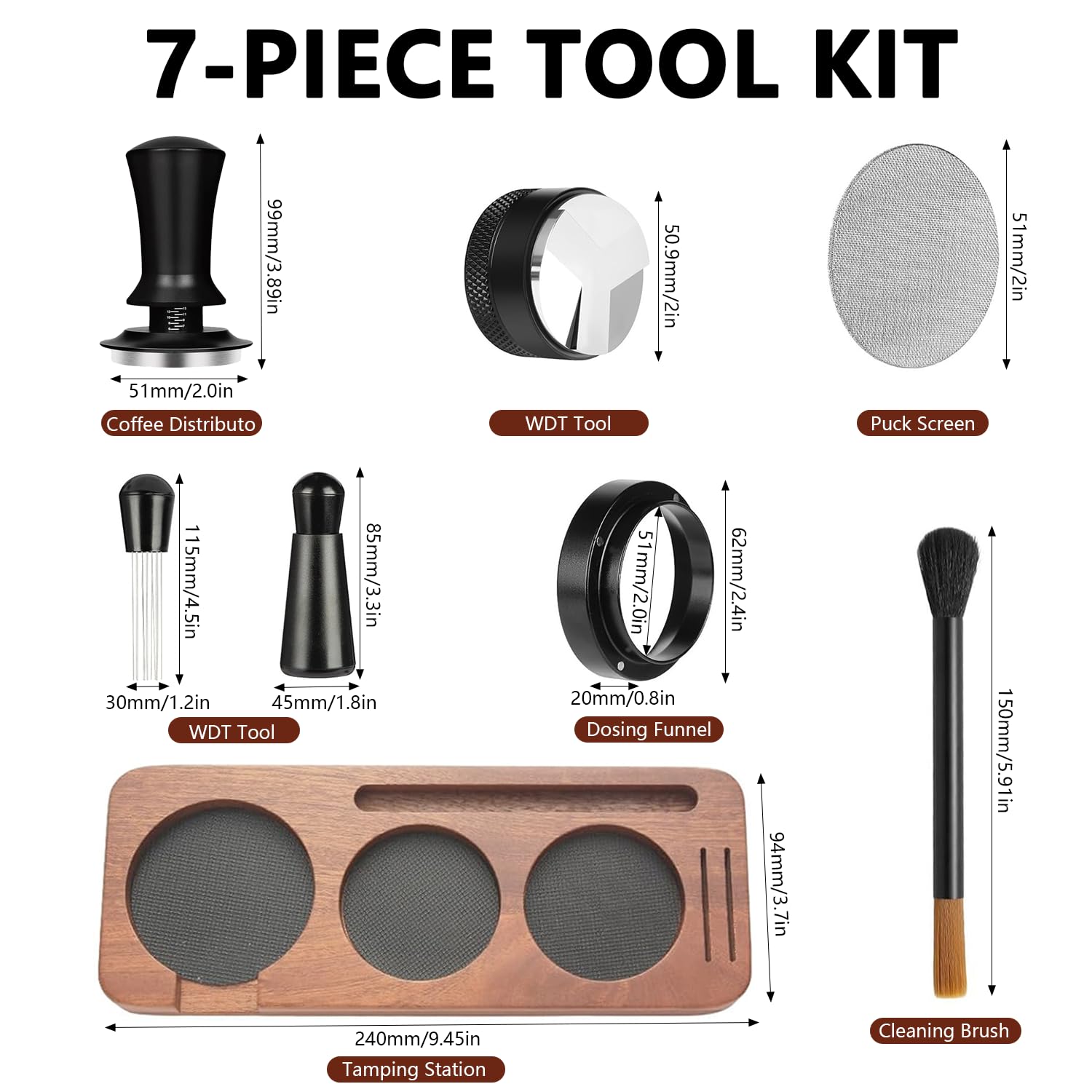 Juego de prensos, 51 mm con estación de prensado, 7 piezas, juego de accesorios con prensador de café con distribuidor, anillo dosificador, cepillo de limpieza, pantalla de disco, prensador de café