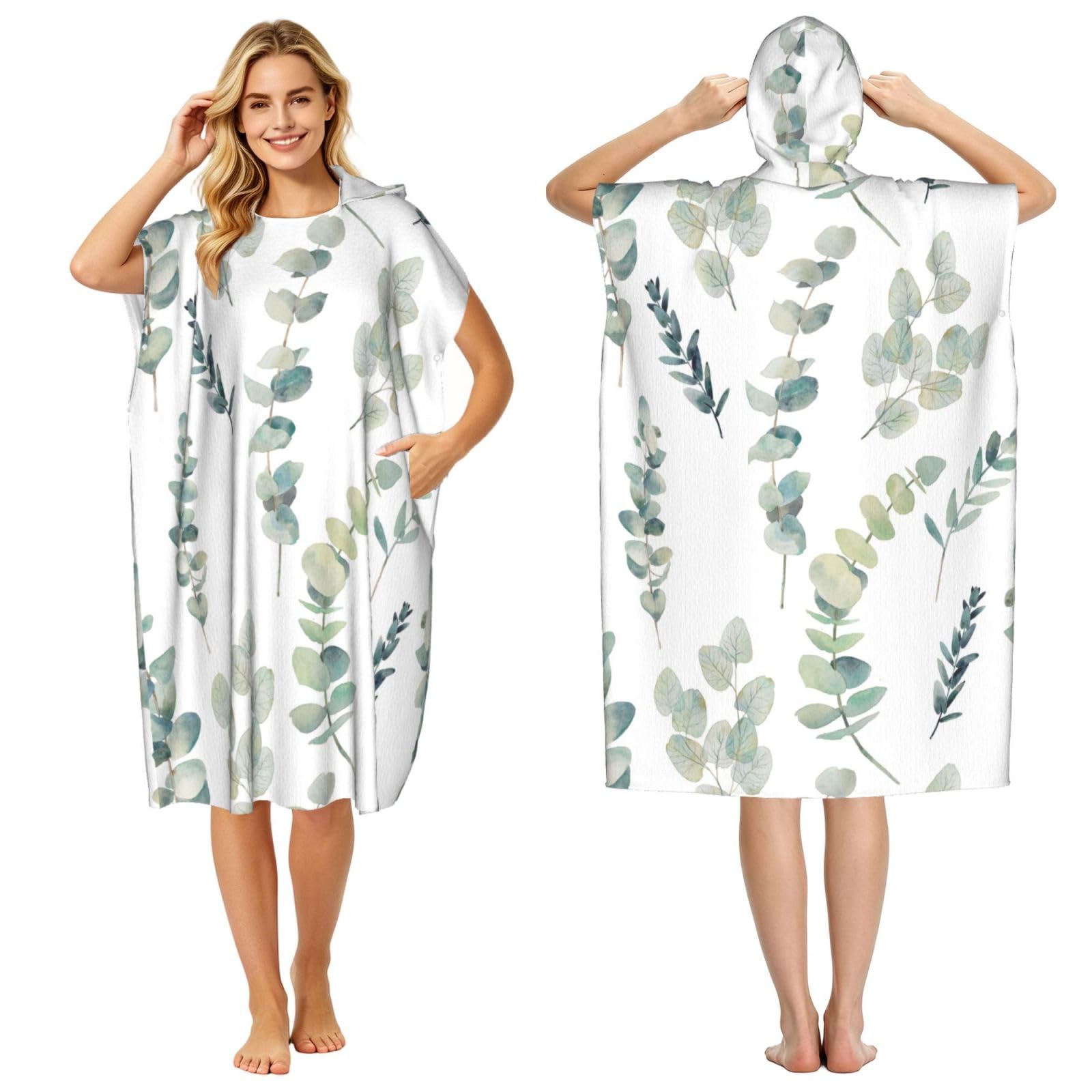 Poadnly White Natural Greenery Twig, Adult Hooded Beach Towel 90 x 110 cm,Changing Bath Robe, Surf Poncho Towel For Women Men