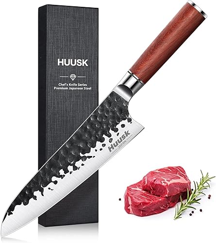 Huusk Cuchillo de chef japonés, cuchillo Gyuto de 8 pulgadas con hoja de acero al carbono forjado a mano, cuchillos de cocina profesionales con