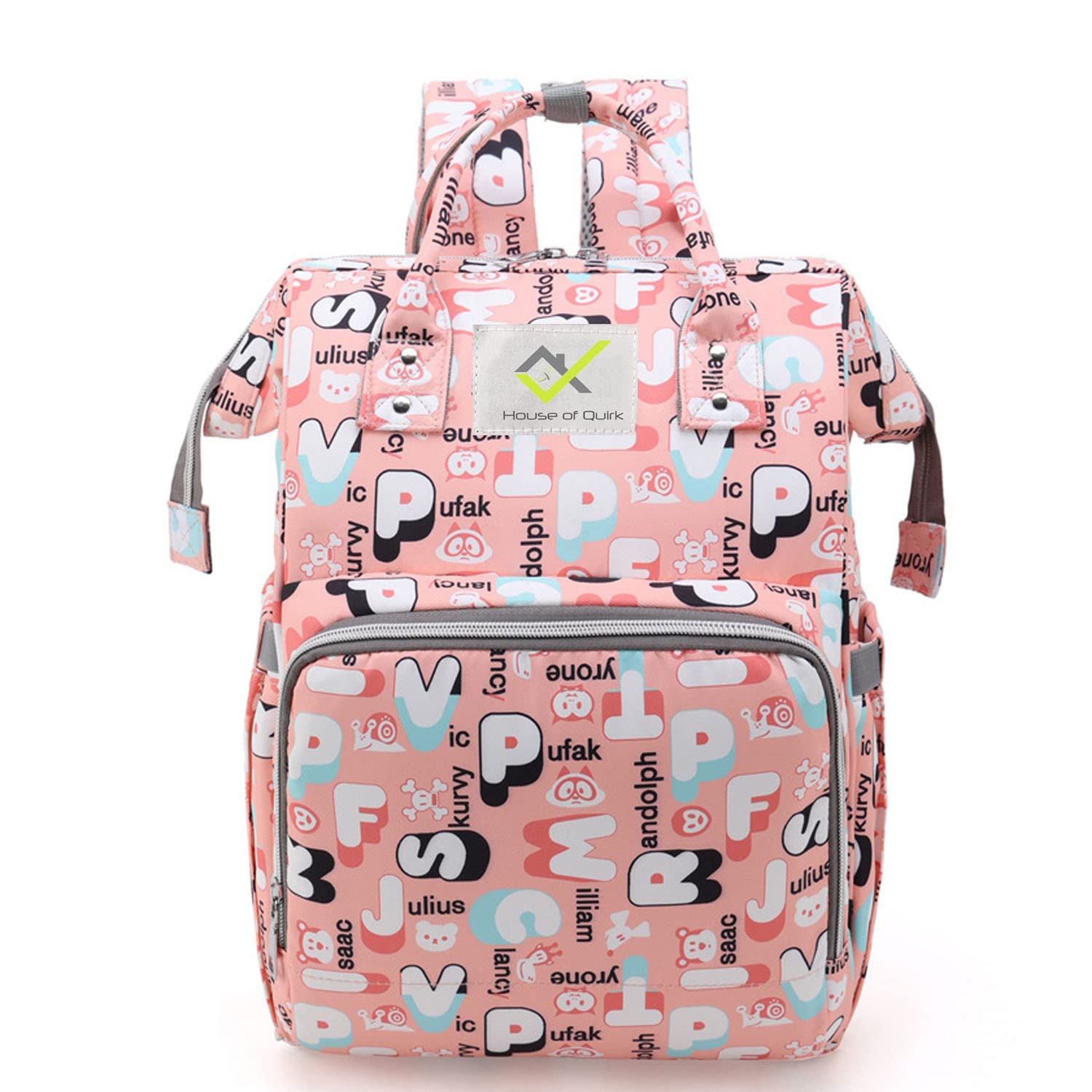 house of quirk baby diaper bag maternity backpack (pink alphabet)