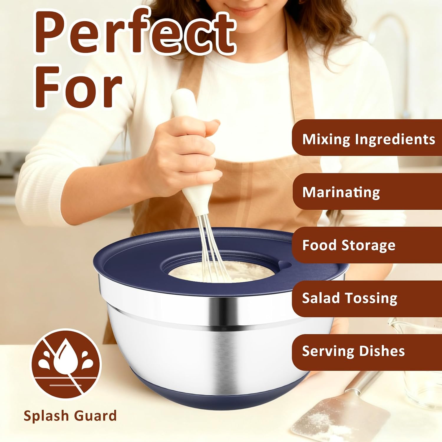 9 Pack Mixing Bowls with Airtight Lids Set, Stainless Steel Mixing Bowls with Grater Attachments, Nesting Kitchen Bowl Set with Non-Silp Bases, Size 5, 4, 3, 2, 1.5,1QT, Navy Blue
