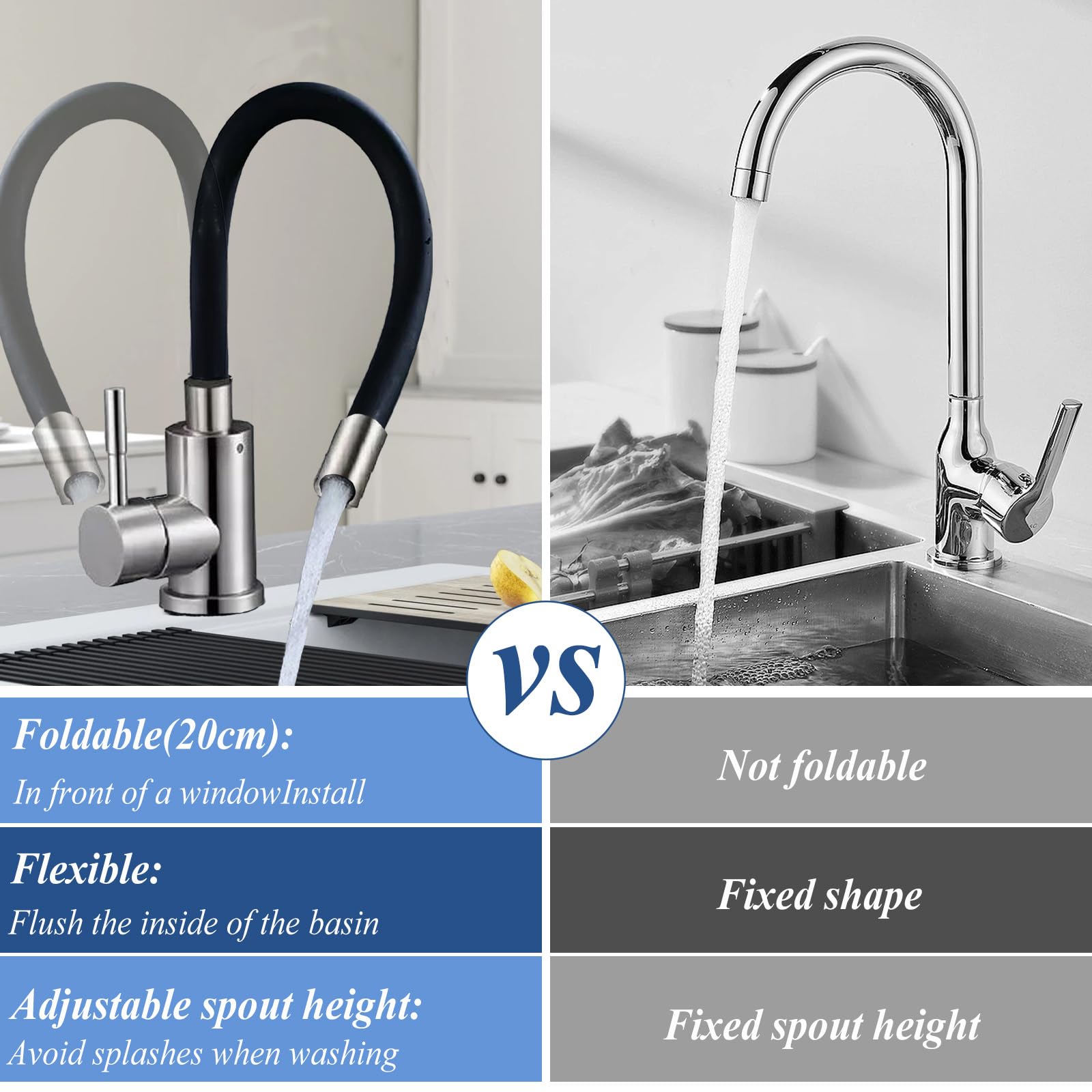 Grifo flexible para cocina, color negro, grifo de cocina de 360°, con caño flexible, de alta presión, grifo de cocina flexible, de acero inoxidable (cepillado)
