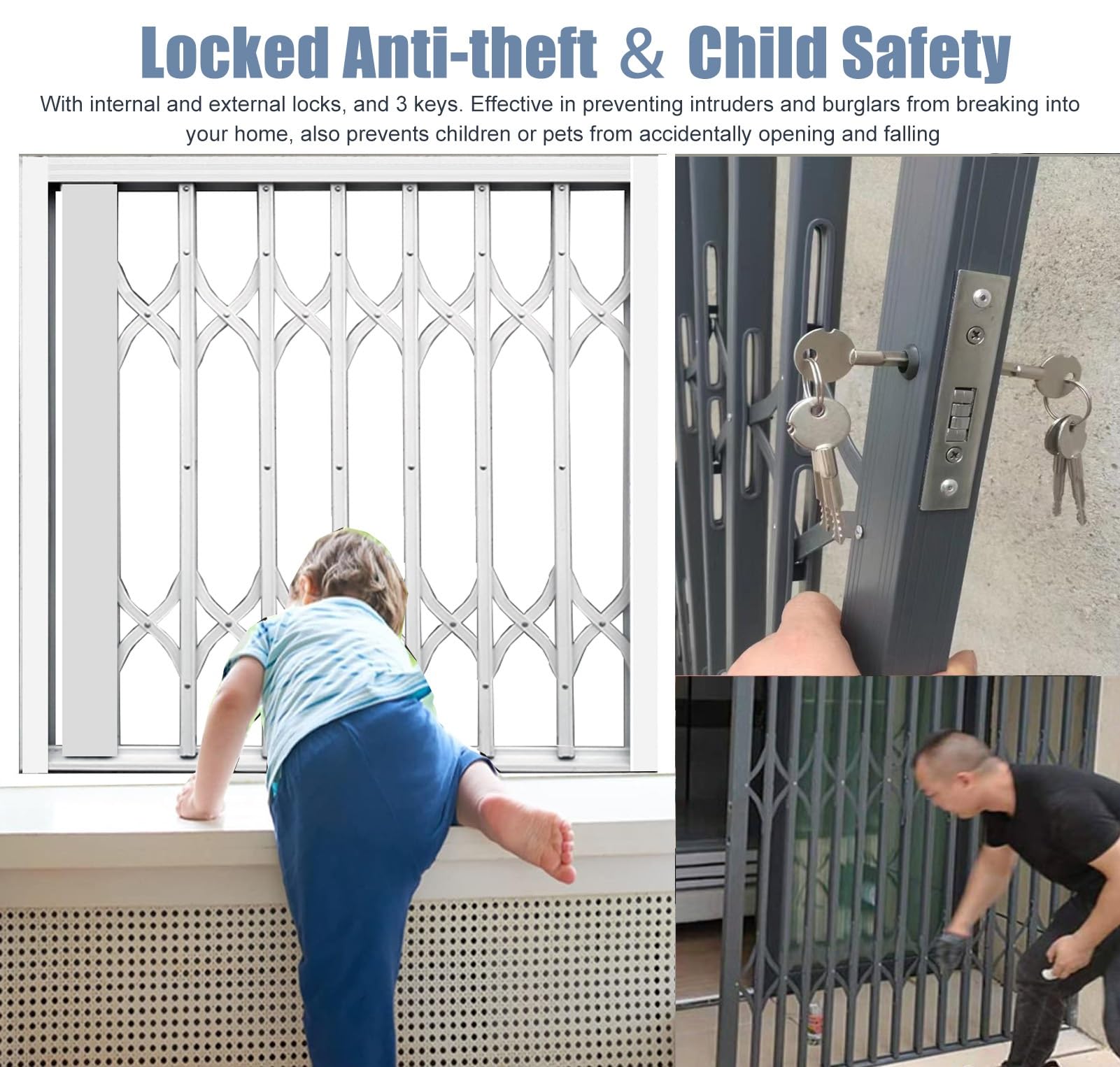 Barras de seguridad para ventana con bloqueo de aluminio para uso en interiores y exteriores, guías de seguridad para niños y mascotas, para máxima seguridad