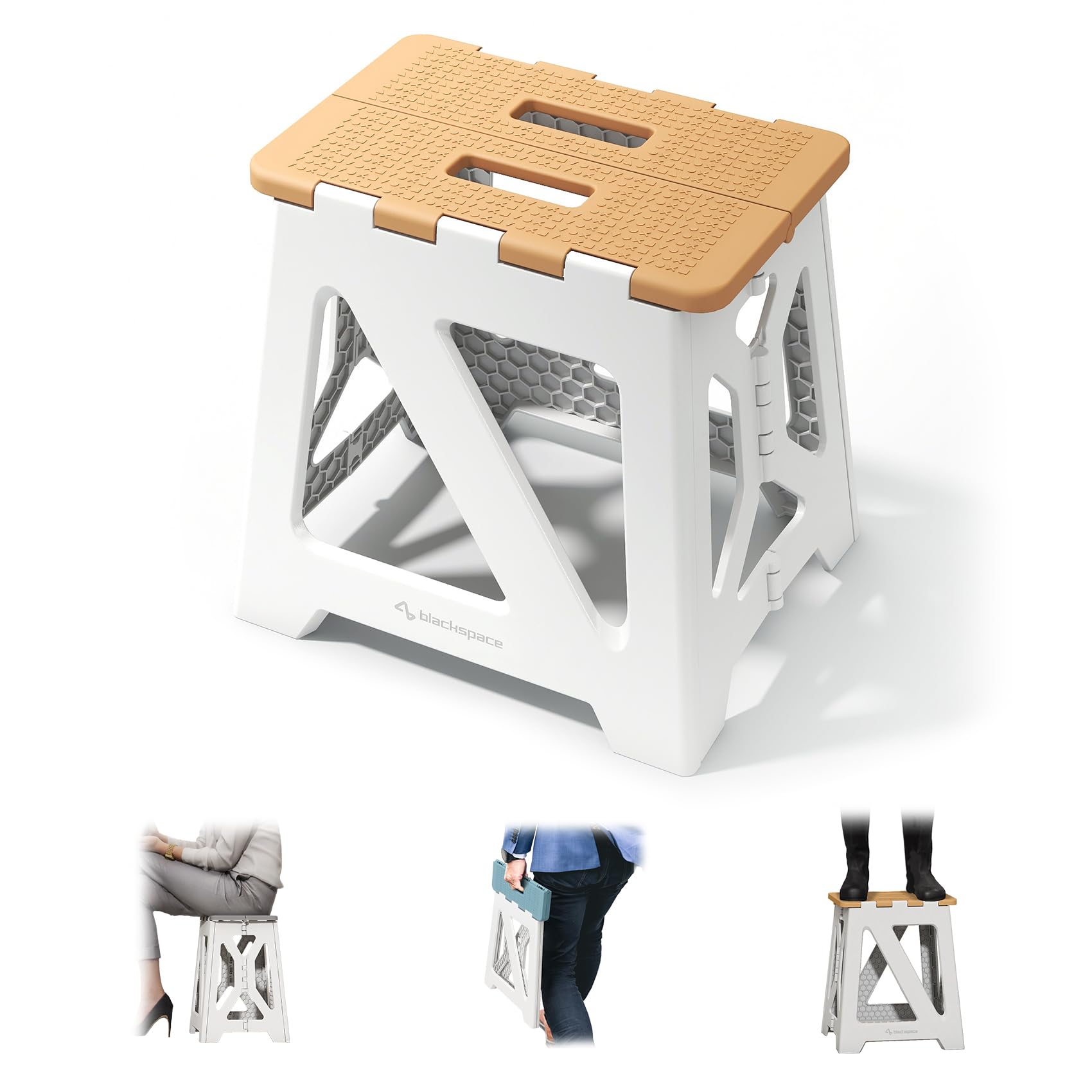 BLACKSPACE Folding Step Stool Stable Non Slip Portable Lightweight Stool Ideal for Bathroom Bathroom Kitchen 33cm High (Khaki/White)