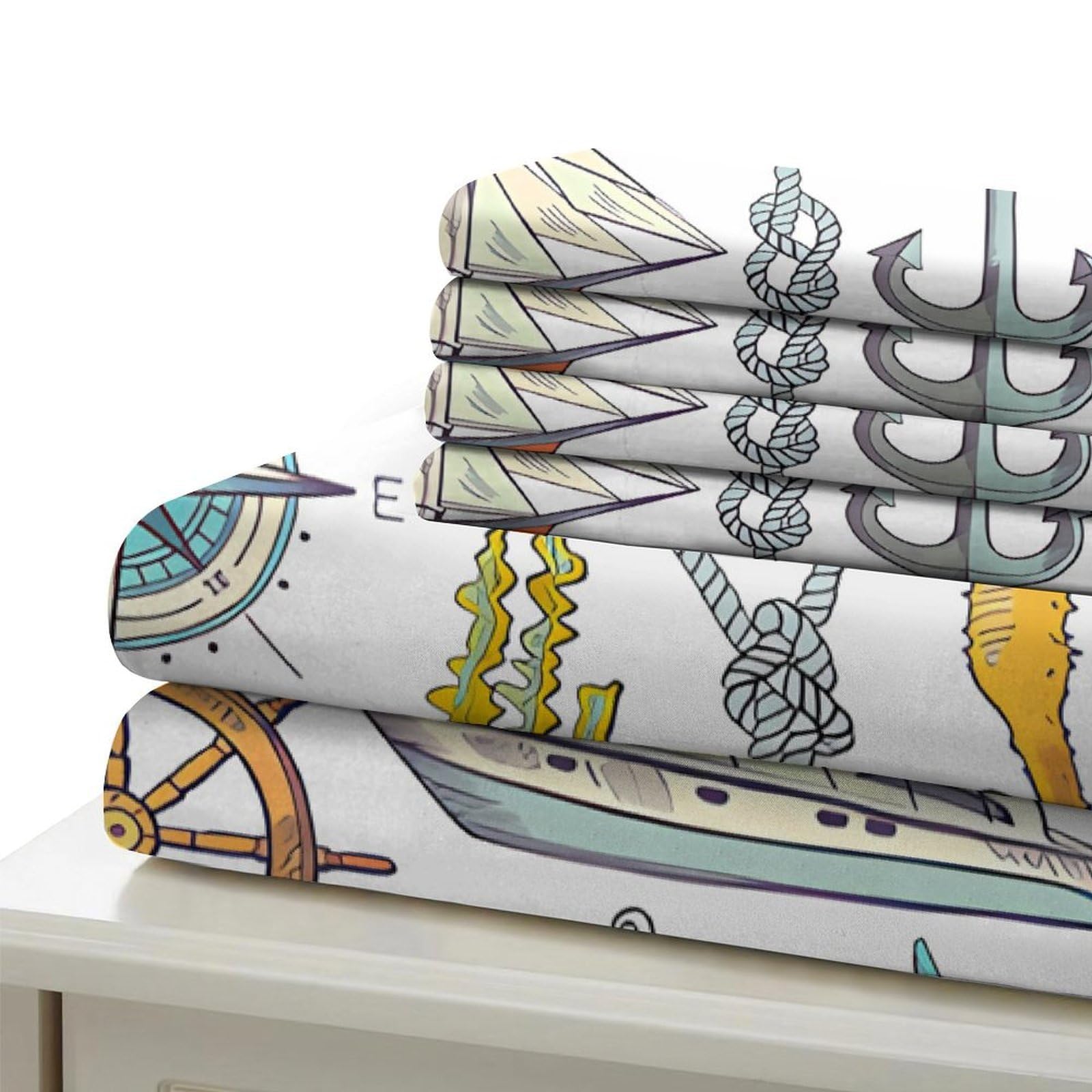 Nautische Ikonen 3-teiliges Pflegeleichtes Polyester Handgezeichneter Stil Kinderbettwäscheset, 2 Kissenbezug, Unsichtbarer Reißverschluss, Babysicher & Gifffrei King（220x240cm）