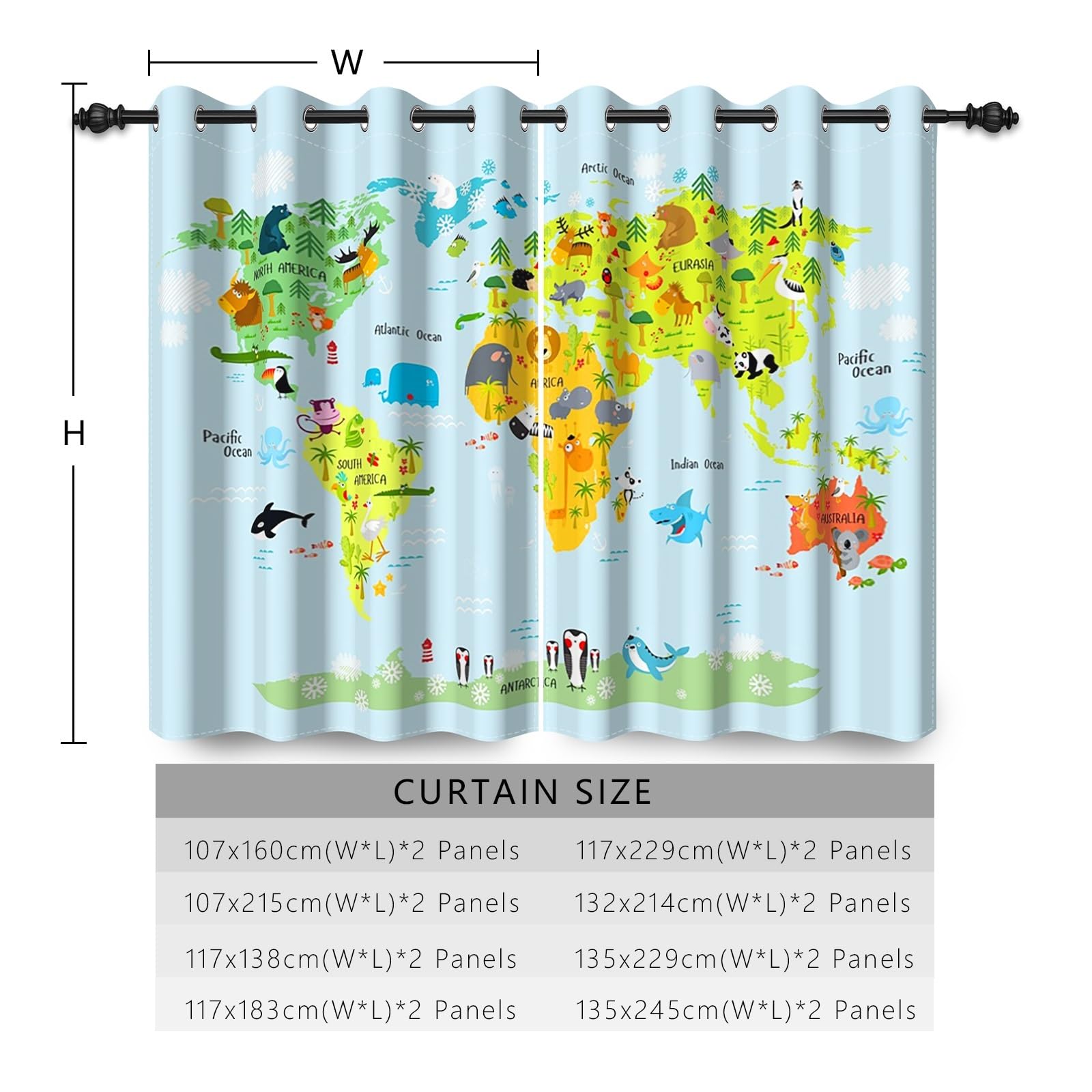 107x160cm Mapa Cortina con Ojales Dibujos Animados Verde Mapa del Mundo Animales náutica Opacas Cortinas para Ventanas Niñas niños Habitación Infantil Dormitorio Sala de Estar,2 Panel