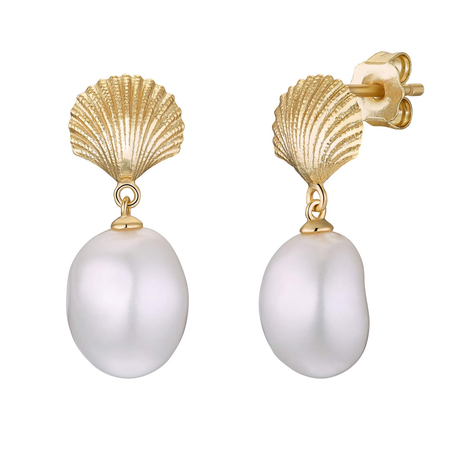 NOELANI - Pendientes para Mujer en Plata 925 - Chapados en Oro/Dorado - Con Perlas - Pendiente Colgante de Concha - NOE-E0005
