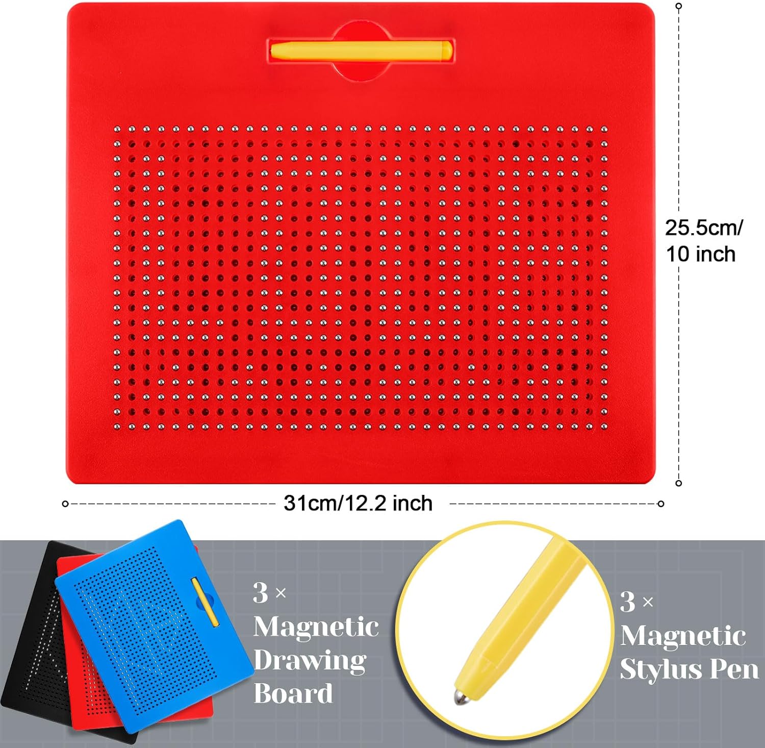 Yexiya 3 Pcs Magnetic Drawing Board for Kids, Toddler Travel Drawing Kit Magnet Sketch Thread Board with Stylus Pen and Beads Toy for Child Quiet Time Activities (12 x 10 Inches,Multicolor)