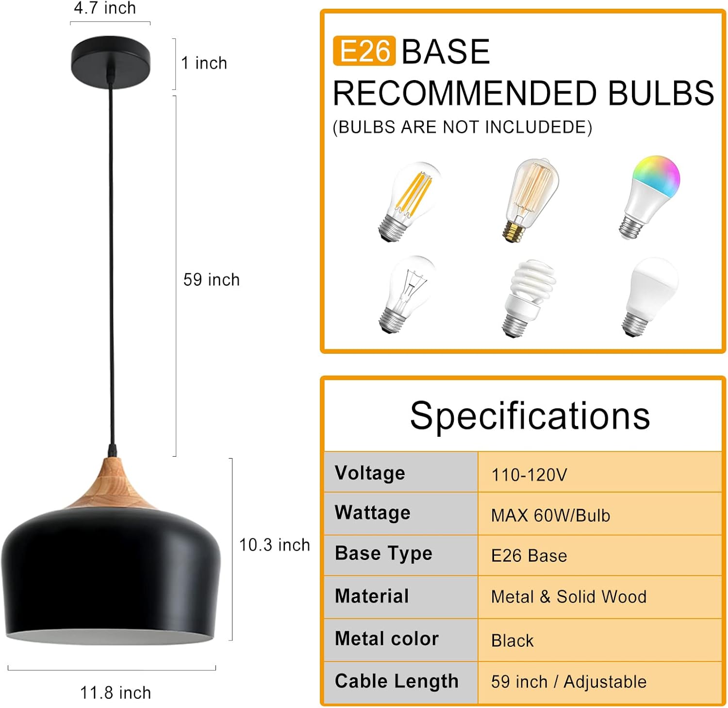 11.8 inch Black Industrial Pendant Light, Adjustable Wood Ceiling Hanging Lighting with Dome Metal Shade,Farmhouse Minimalist Lamp for Kitchen Island,Dining Room,Bar, Bedroom,Hallway